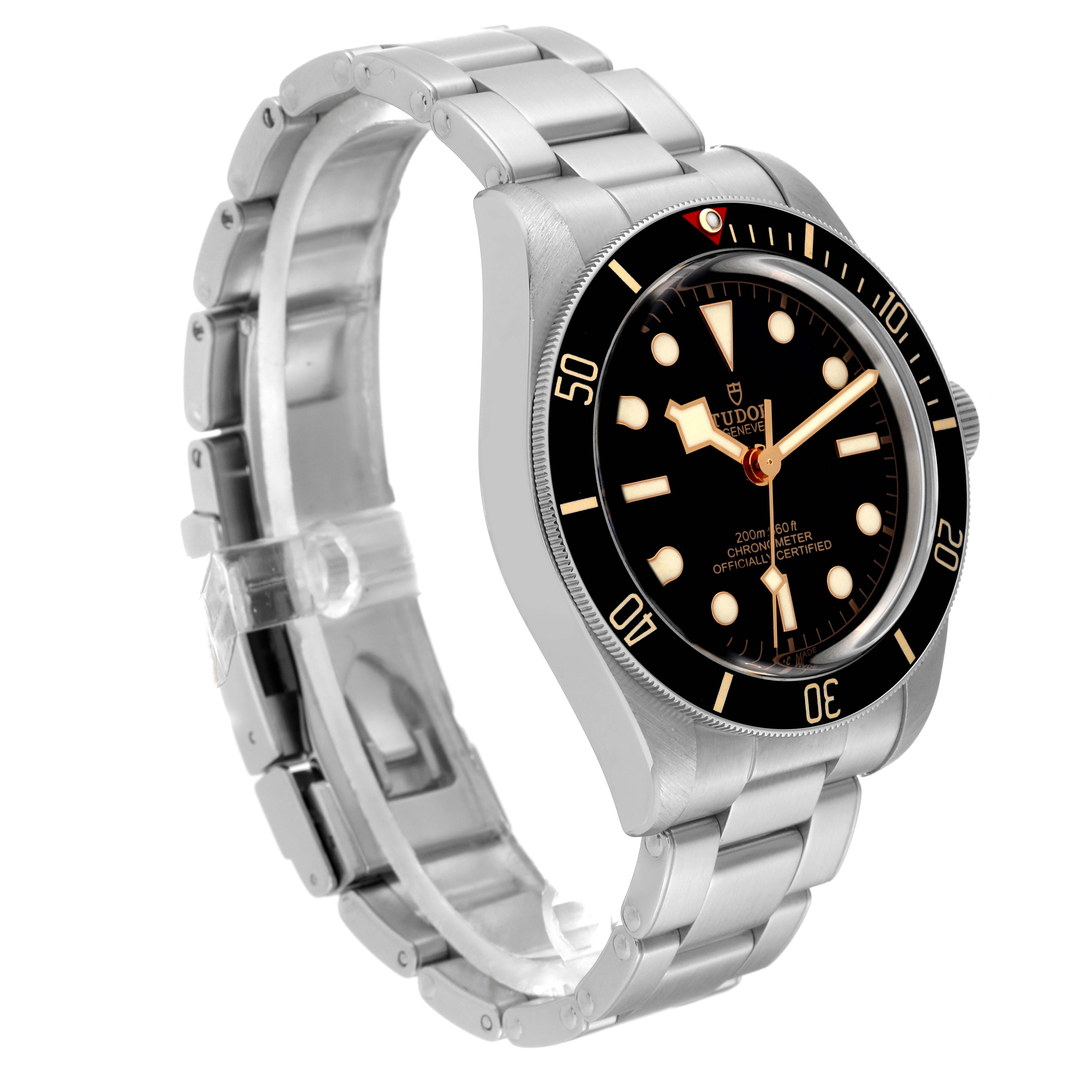 This image shows a Tudor Heritage Black Bay 79030N Men's Stainless Steel Black Dial 79030N Men's Stainless Steel Black Dial watch taken from a three-quarter angle, featuring its dial, bezel, and metal bracelet.