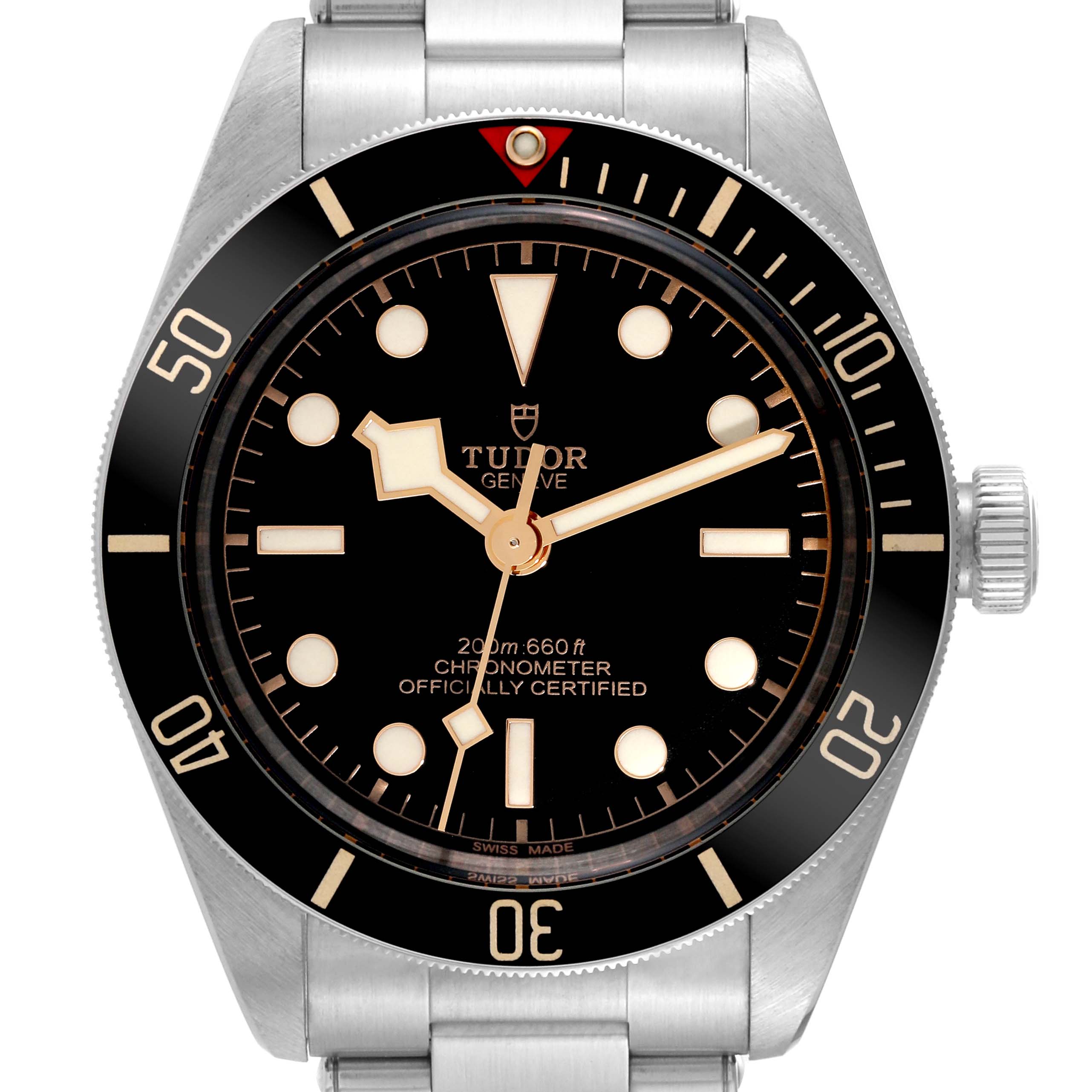 This image shows a frontal view of the Tudor Heritage Black Bay 79030N Men's Stainless Steel Black Dial 79030N Men's Stainless Steel Black Dial watch, highlighting its bezel, dial, hands, and bracelet.