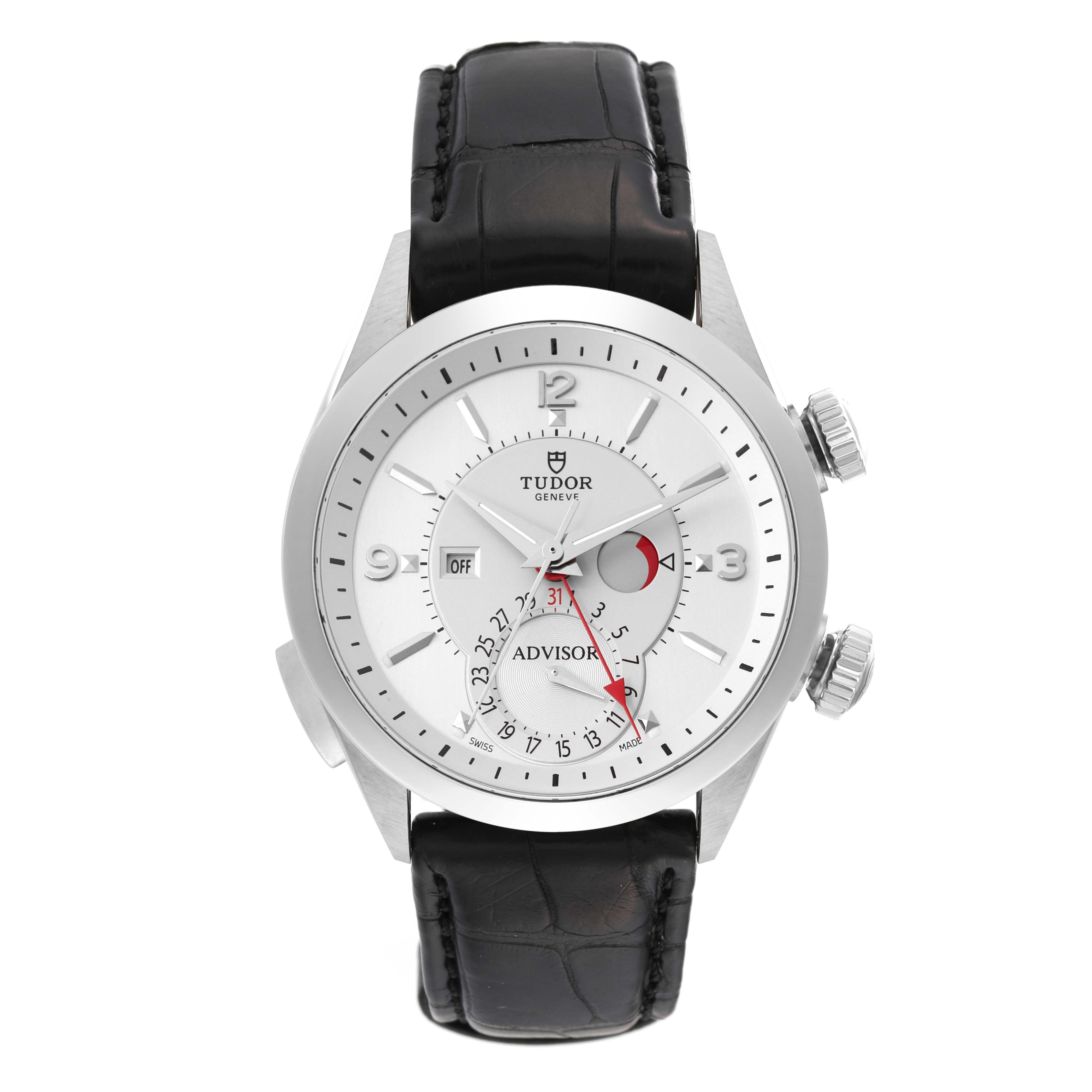 The image shows a front-facing view of the Tudor Heritage Advisor M79620T-0001 Men's Stainless Steel Silver Dial M79620T-0001 Men's Stainless Steel Silver Dial watch, featuring a silver dial, black leather strap, and two crowns.