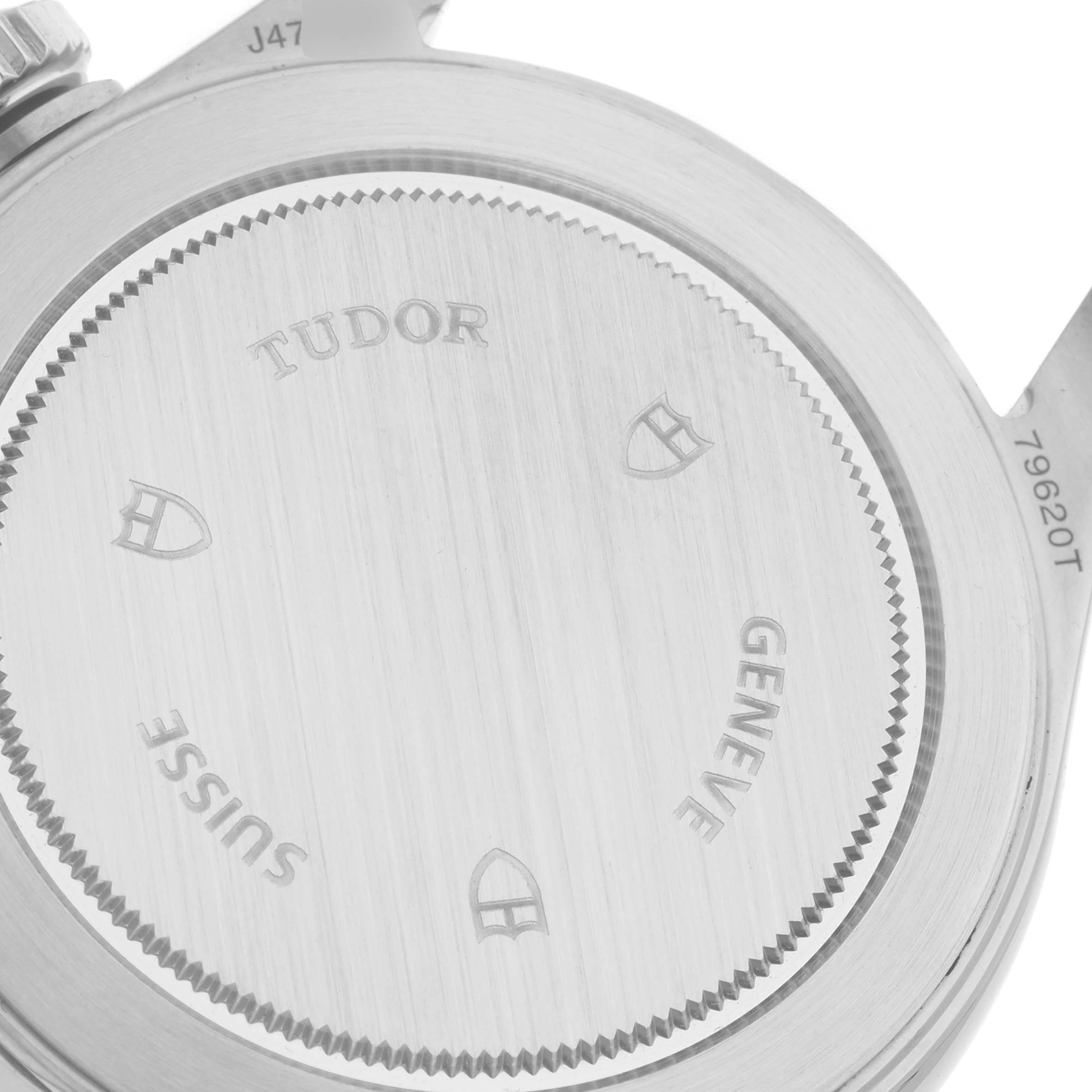 The image shows the back case of the Tudor Heritage Advisor M79620T-0001 Men's Stainless Steel Silver Dial M79620T-0001 Men's Stainless Steel Silver Dial watch, displaying engraved branding and model details.