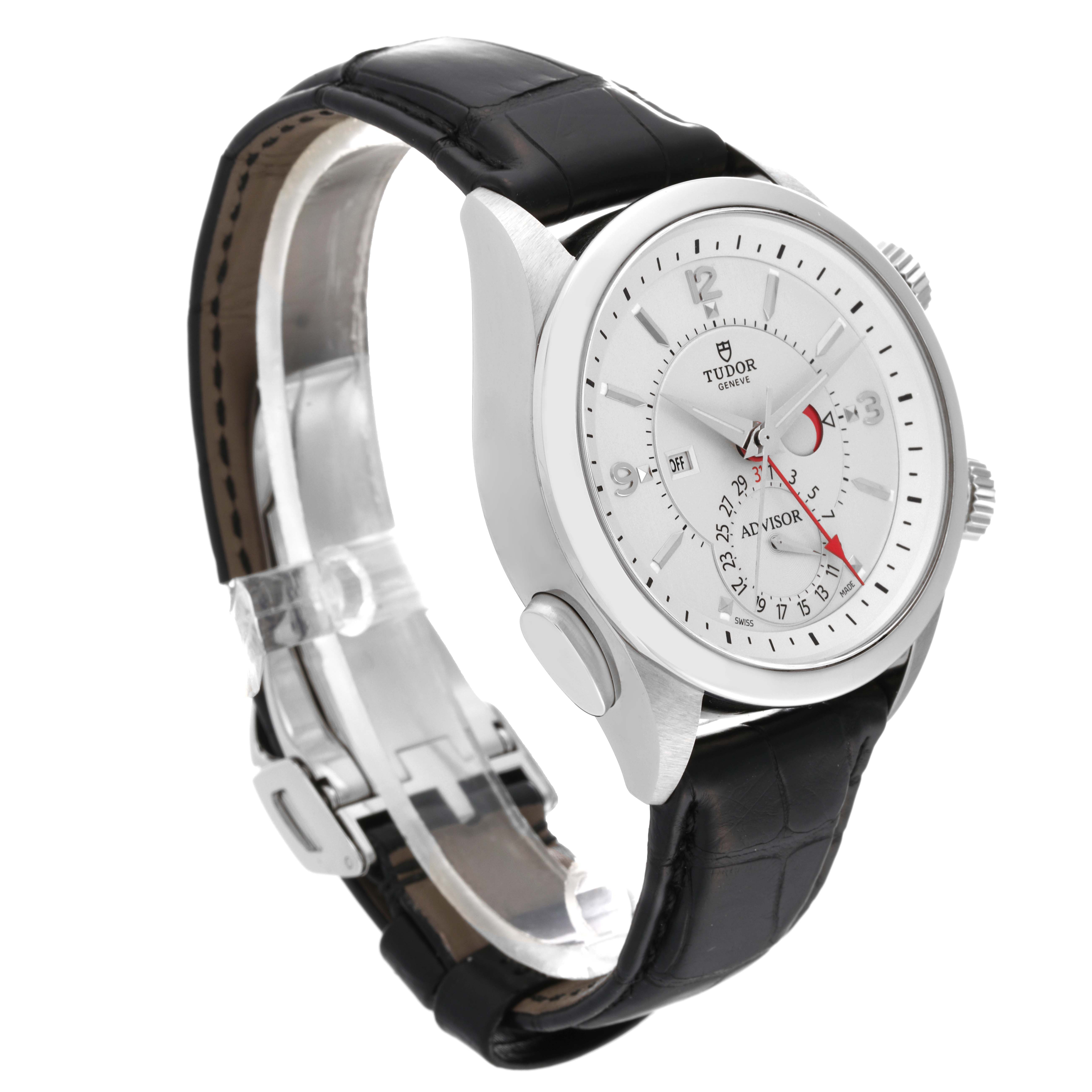 The image shows a Tudor Heritage Advisor M79620T-0001 Men's Stainless Steel Silver Dial M79620T-0001 Men's Stainless Steel Silver Dial watch at an angle displaying the dial, case, crown, and black leather strap.