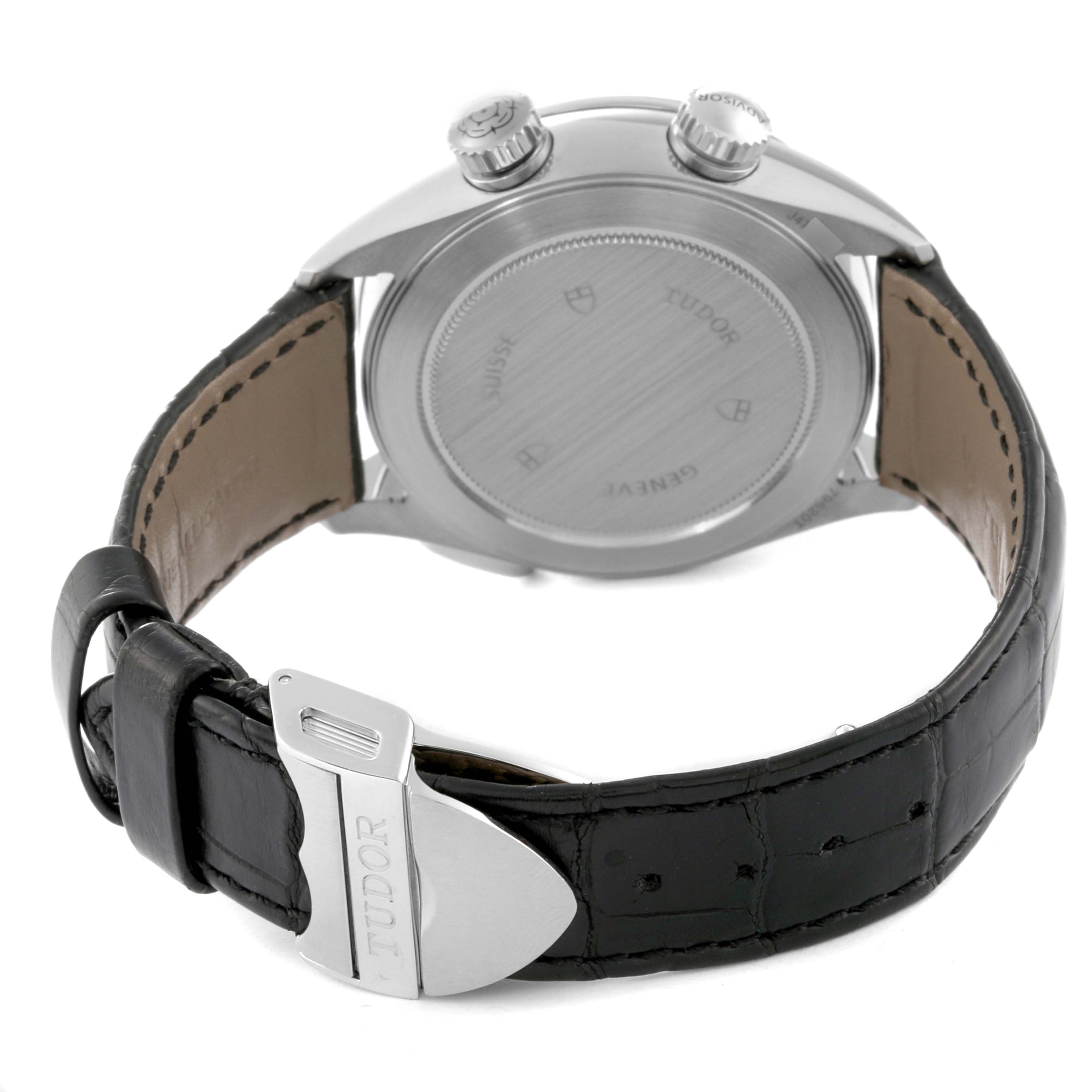 The image shows the back case and strap, including the clasp, of the Tudor Heritage Advisor M79620T-0001 Men's Stainless Steel Silver Dial M79620T-0001 Men's Stainless Steel Silver Dial watch.
