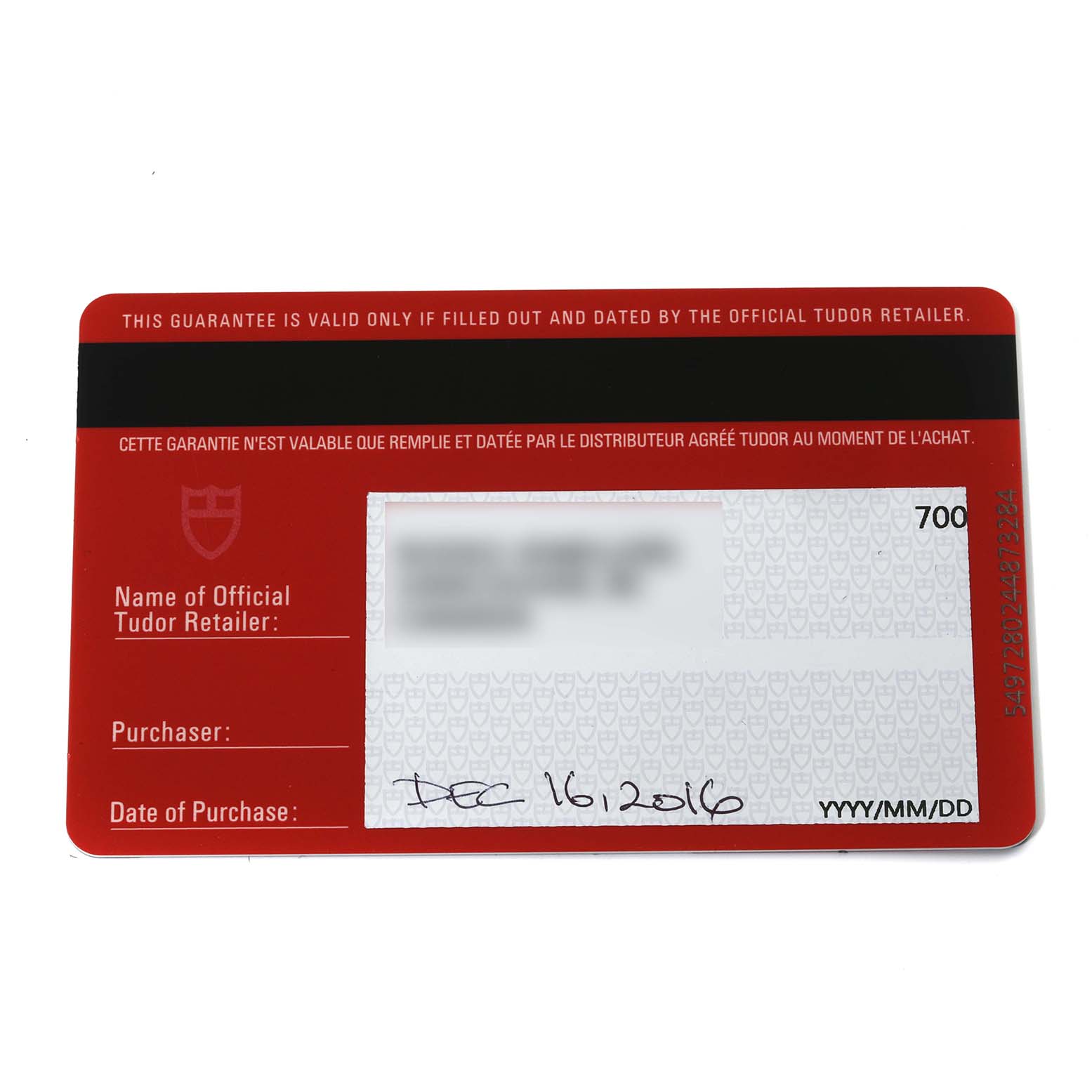 The image shows the warranty card for the Tudor Heritage Advisor M79620T-0001 Men's Stainless Steel Silver Dial M79620T-0001 Men's Stainless Steel Silver Dial model watch.