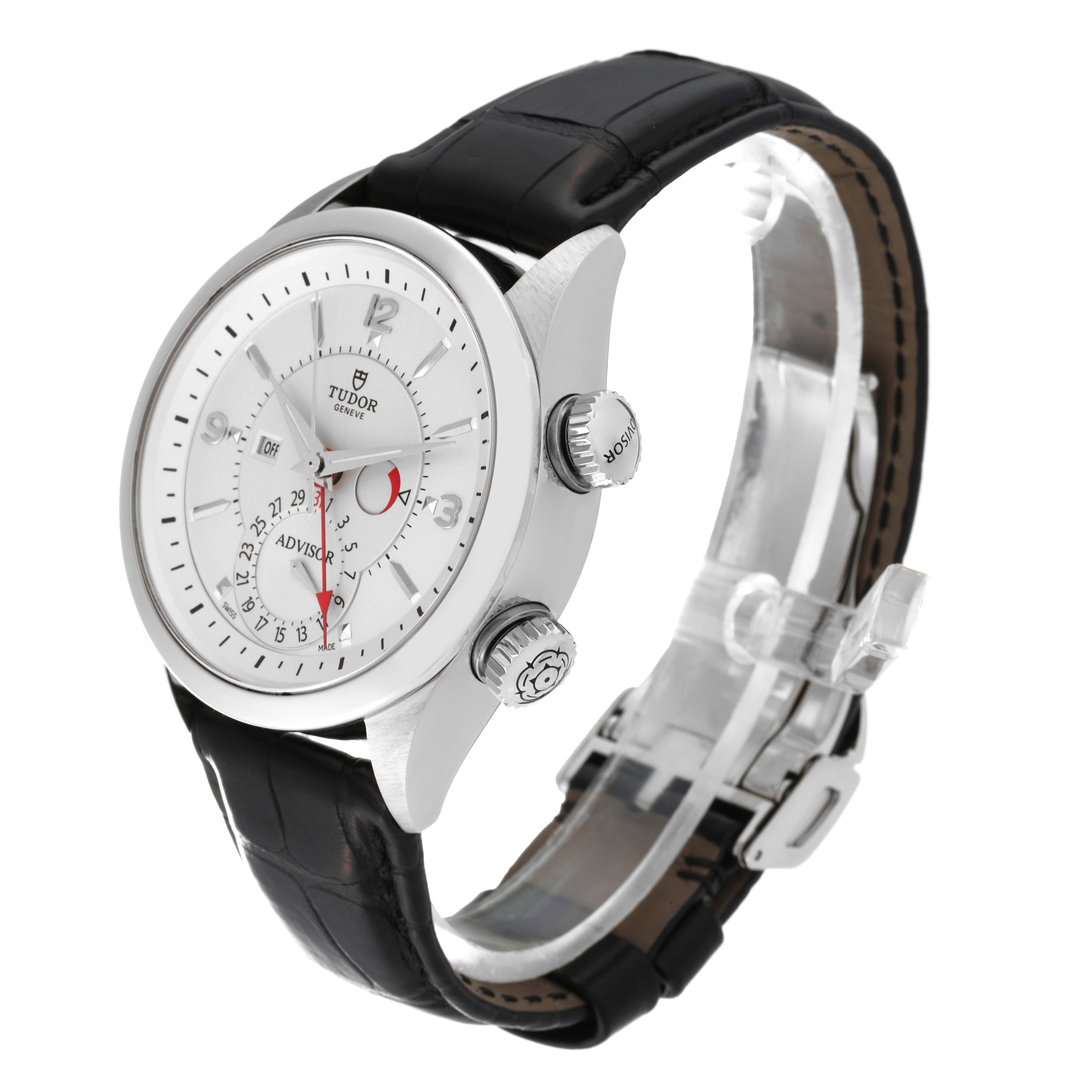 The Tudor Heritage Advisor M79620T-0001 Men's Stainless Steel Silver Dial M79620T-0001 Men's Stainless Steel Silver Dial watch is shown at an oblique angle, highlighting its face, two crowns, and black leather strap.