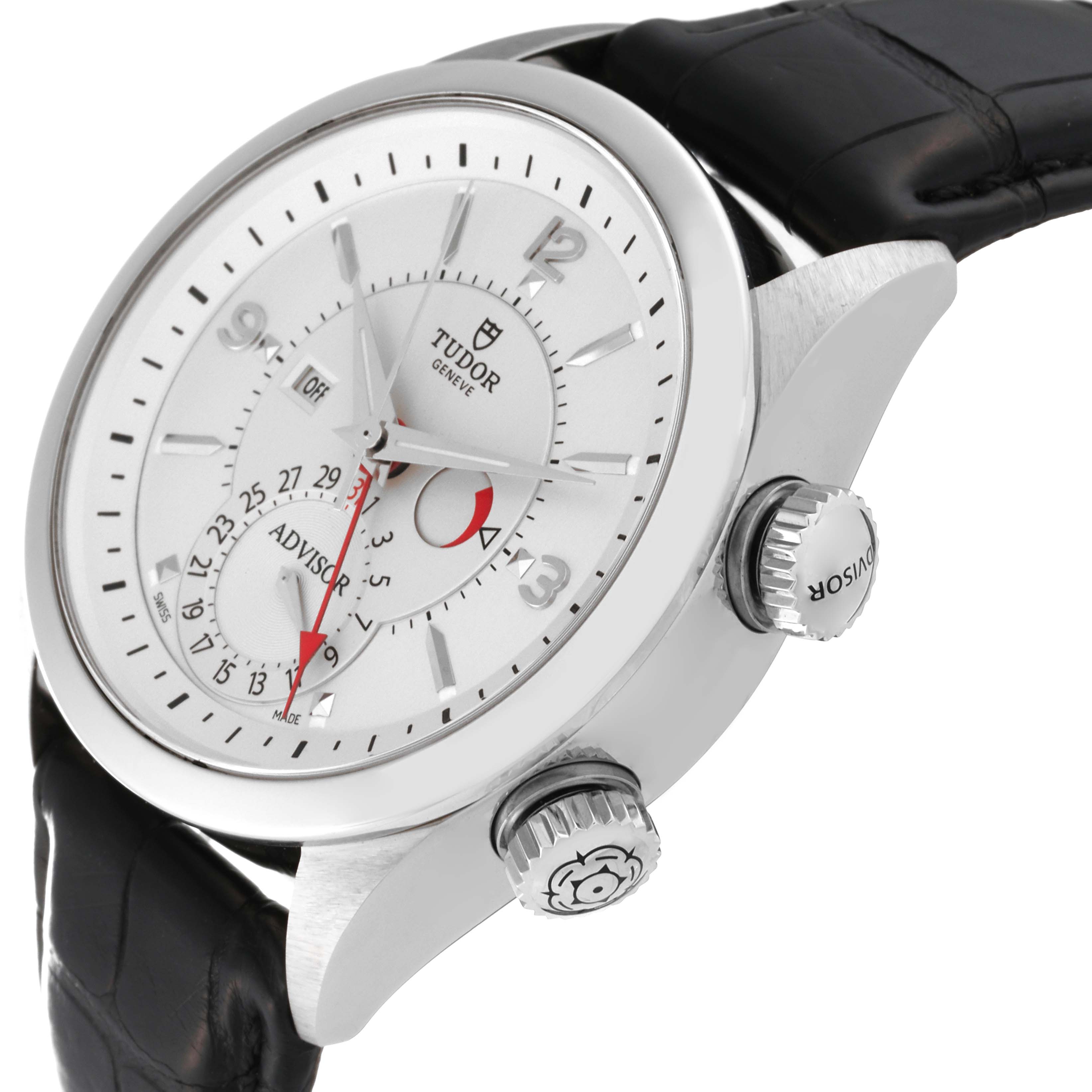 The Tudor Heritage Advisor M79620T-0001 Men's Stainless Steel Silver Dial M79620T-0001 Men's Stainless Steel Silver Dial watch is shown at an angle highlighting the dial, case, crown, and leather strap.