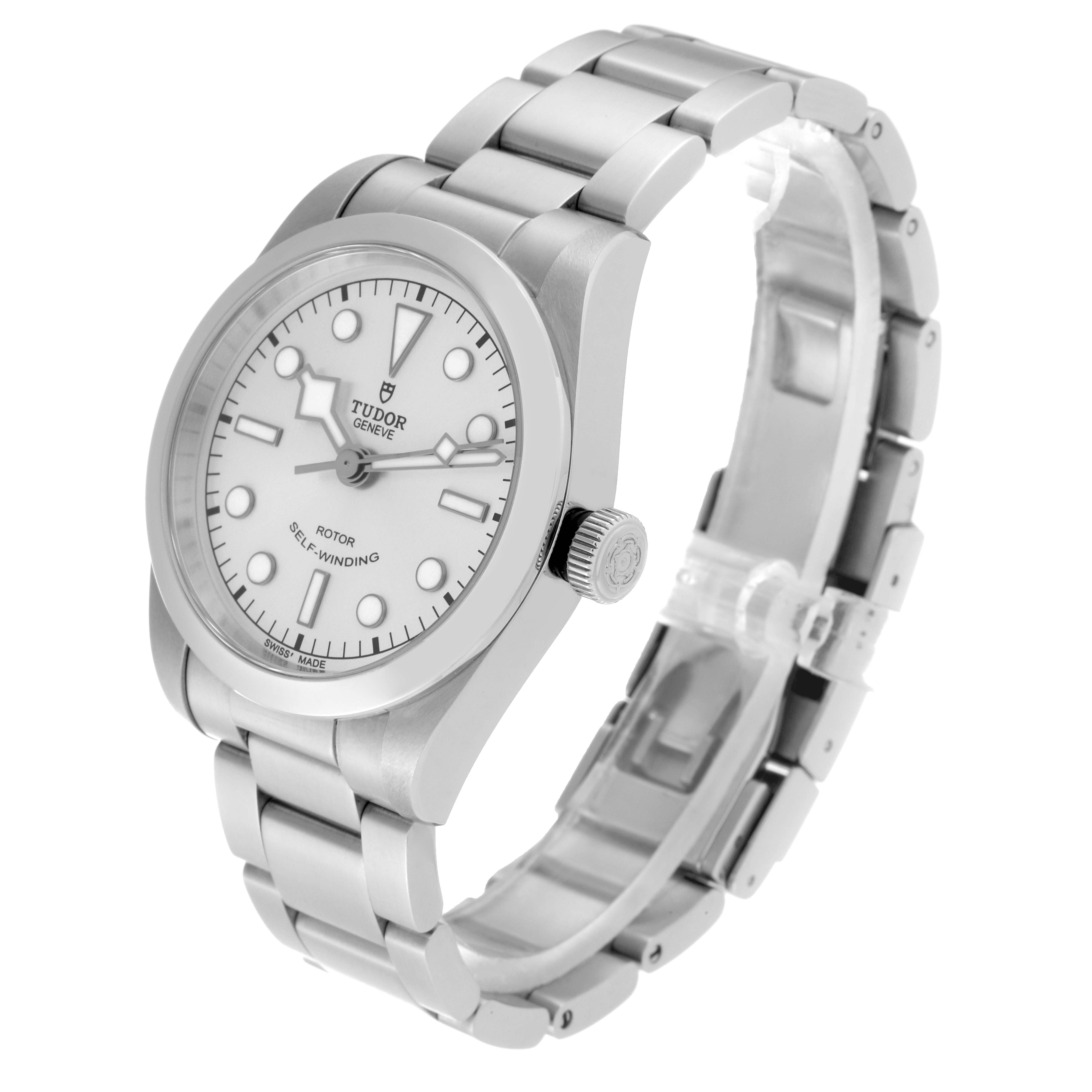 The Tudor Heritage Black Bay 79500 Men's Stainless Steel Silver Dial 79500 Men's Stainless Steel Silver Dial watch is shown from a front angle, highlighting the dial, case, crown, and bracelet.