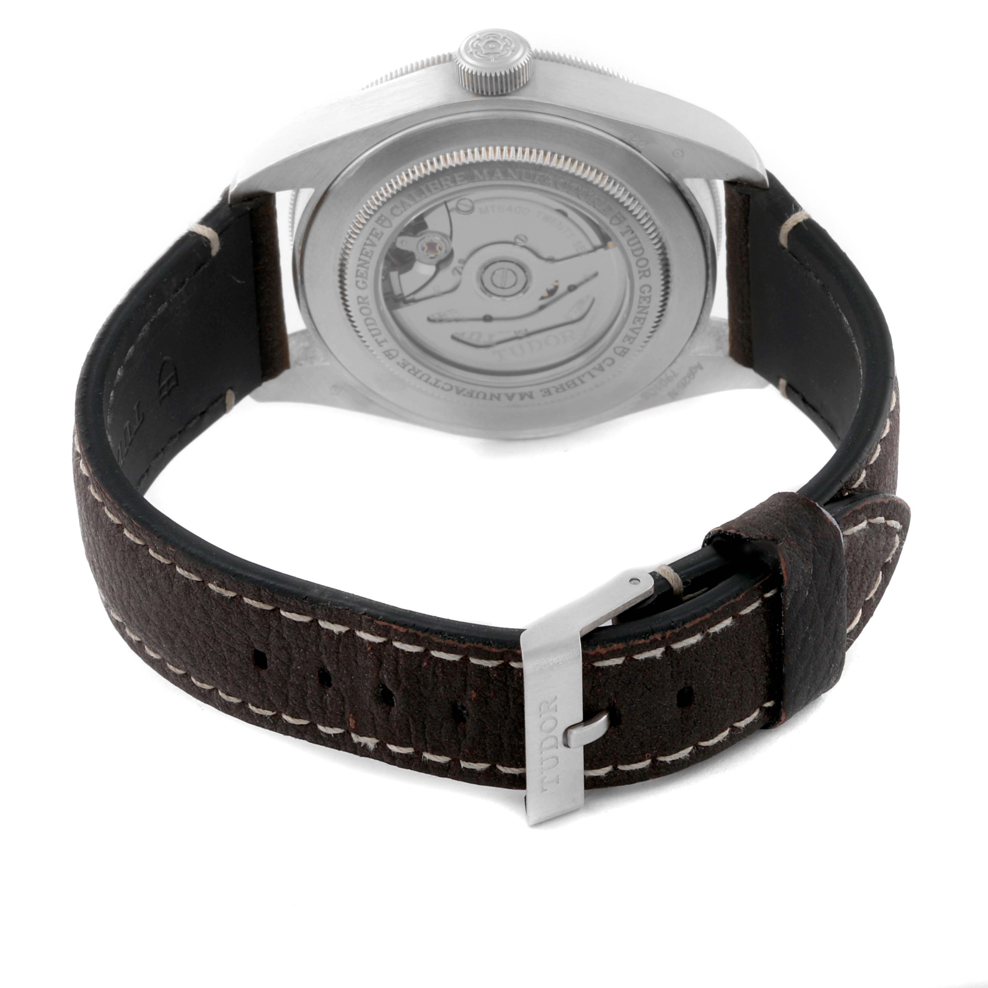 The image shows the case back and leather strap of a Tudor Heritage Black Bay M79010SG-0002 Men's Stainless Steel Grey Dial M79010SG-0002 Men's Stainless Steel Grey Dial watch from a rear angle.