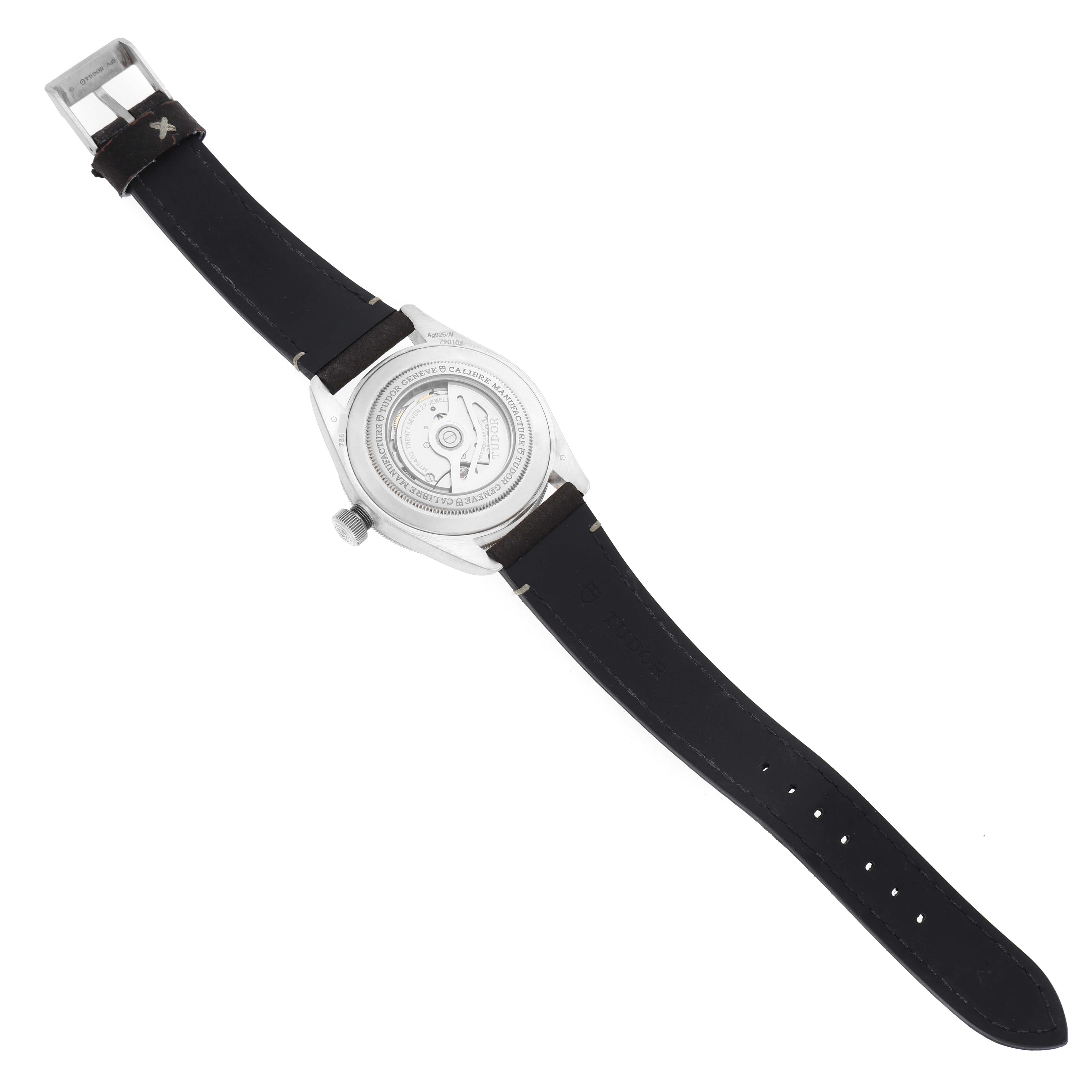 The image shows the back view of a Tudor Heritage Black Bay M79010SG-0002 Men's Stainless Steel Grey Dial M79010SG-0002 Men's Stainless Steel Grey Dial watch, highlighting its case back and strap.