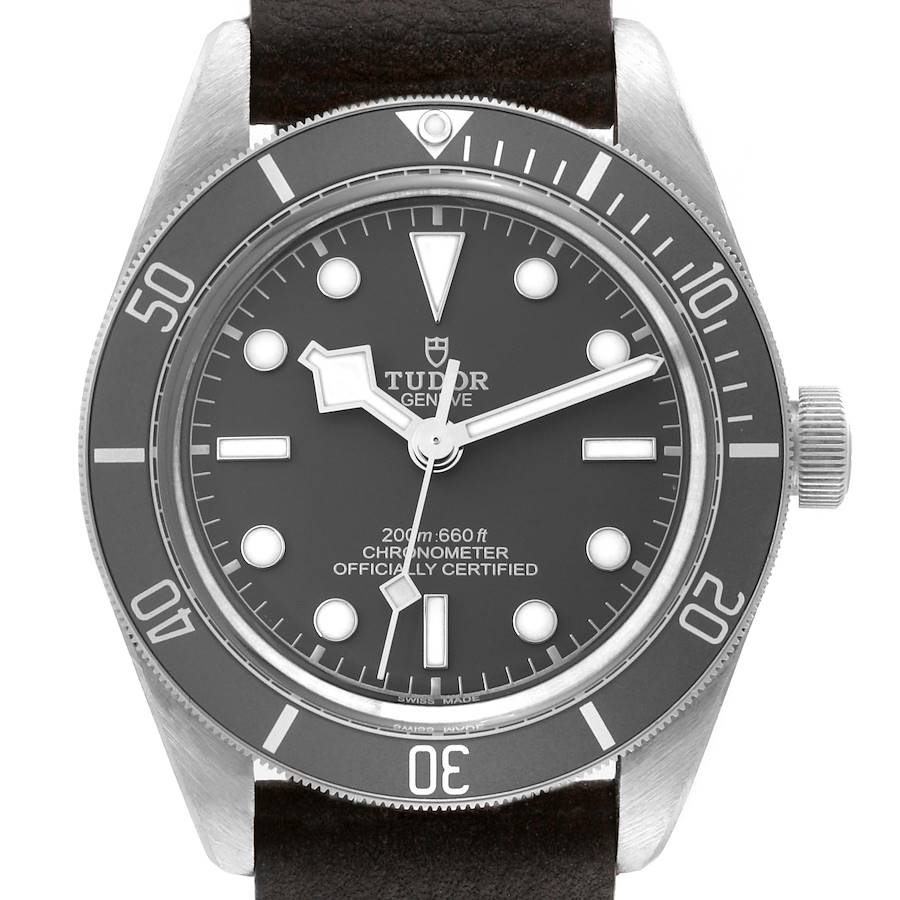 The image shows a close-up, front view of the Tudor Heritage Black Bay watch face and bezel.