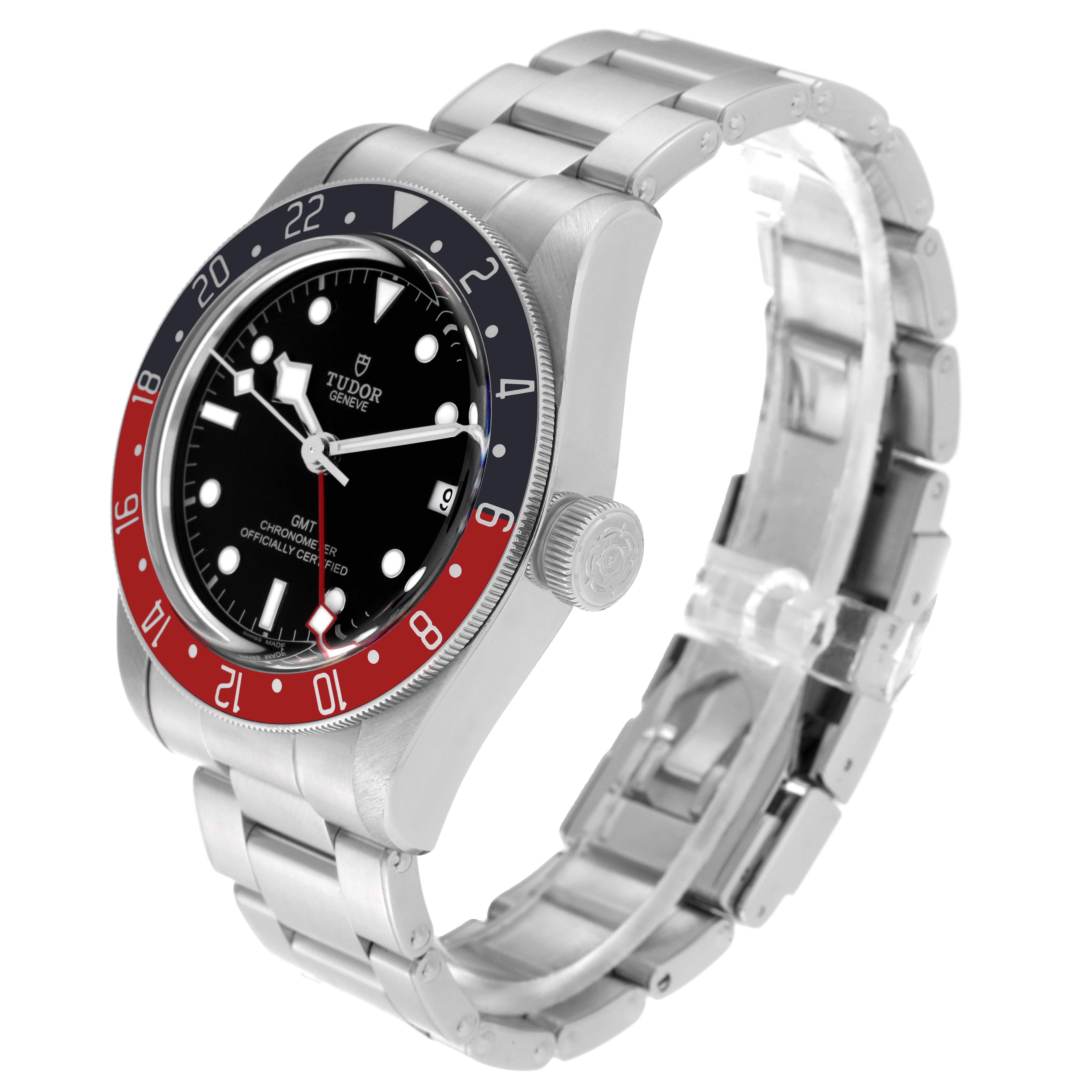 The Tudor Heritage Black Bay 79830RB Men's Stainless Steel Black Dial 79830RB Men's Stainless Steel Black Dial watch is shown at a 3/4 angle, displaying the face, bezel, crown, and bracelet.