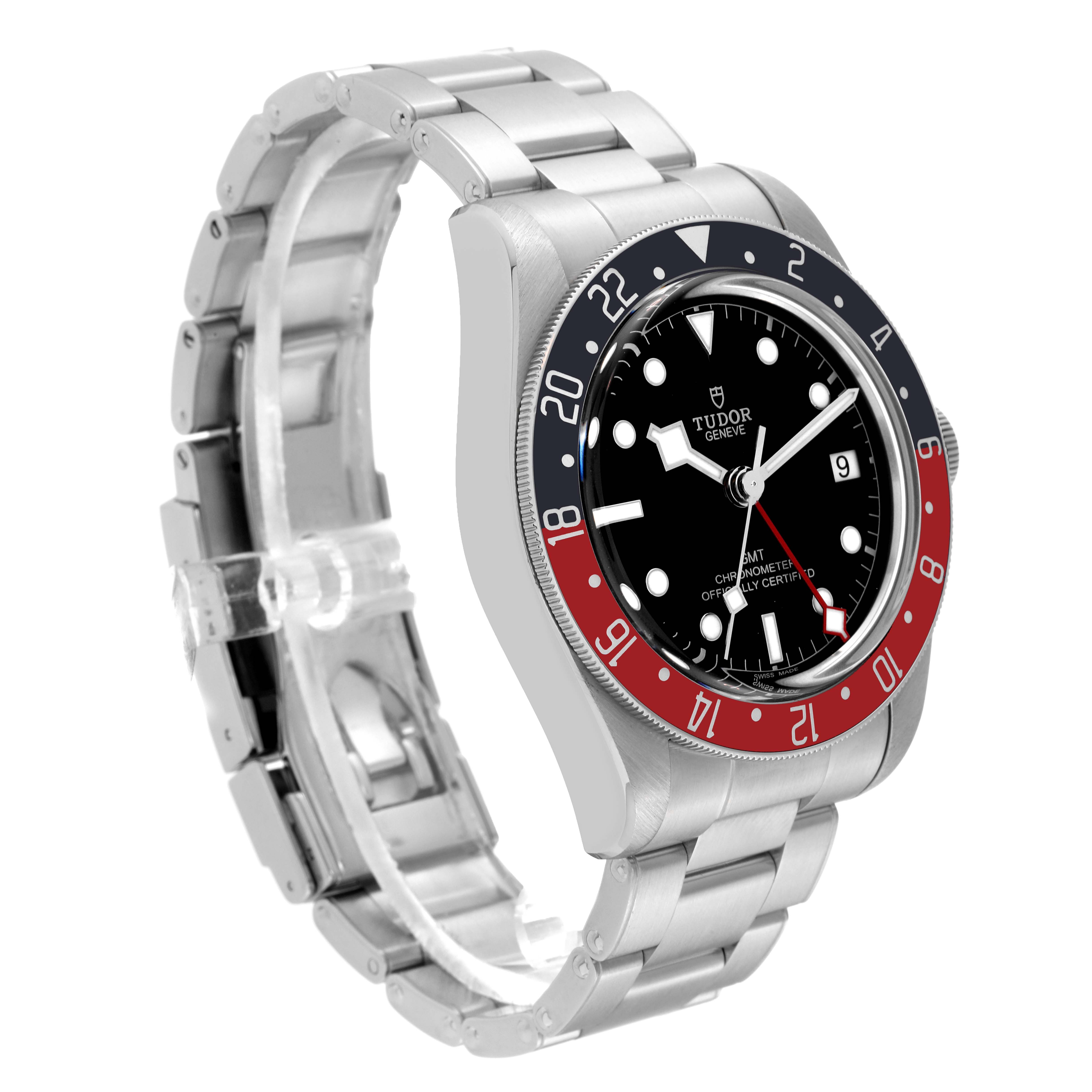 The image shows a Tudor Heritage Black Bay 79830RB Men's Stainless Steel Black Dial 79830RB Men's Stainless Steel Black Dial watch at a three-quarters angle, highlighting the stainless steel bracelet and bezel.