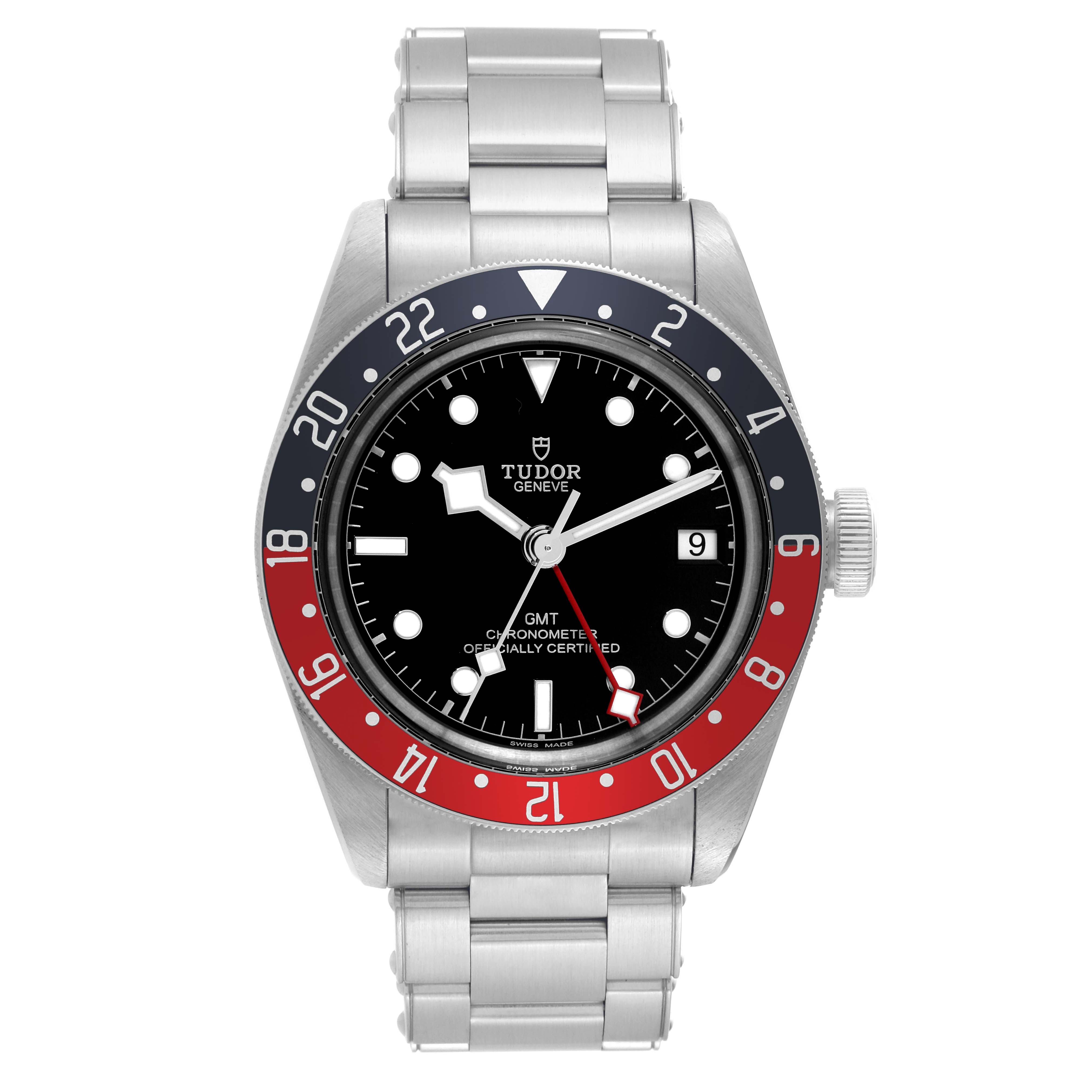 The image shows a front view of a Tudor Heritage Black Bay 79830RB Men's Stainless Steel Black Dial 79830RB Men's Stainless Steel Black Dial GMT watch, displaying the bezel, dial, hands, and bracelet.