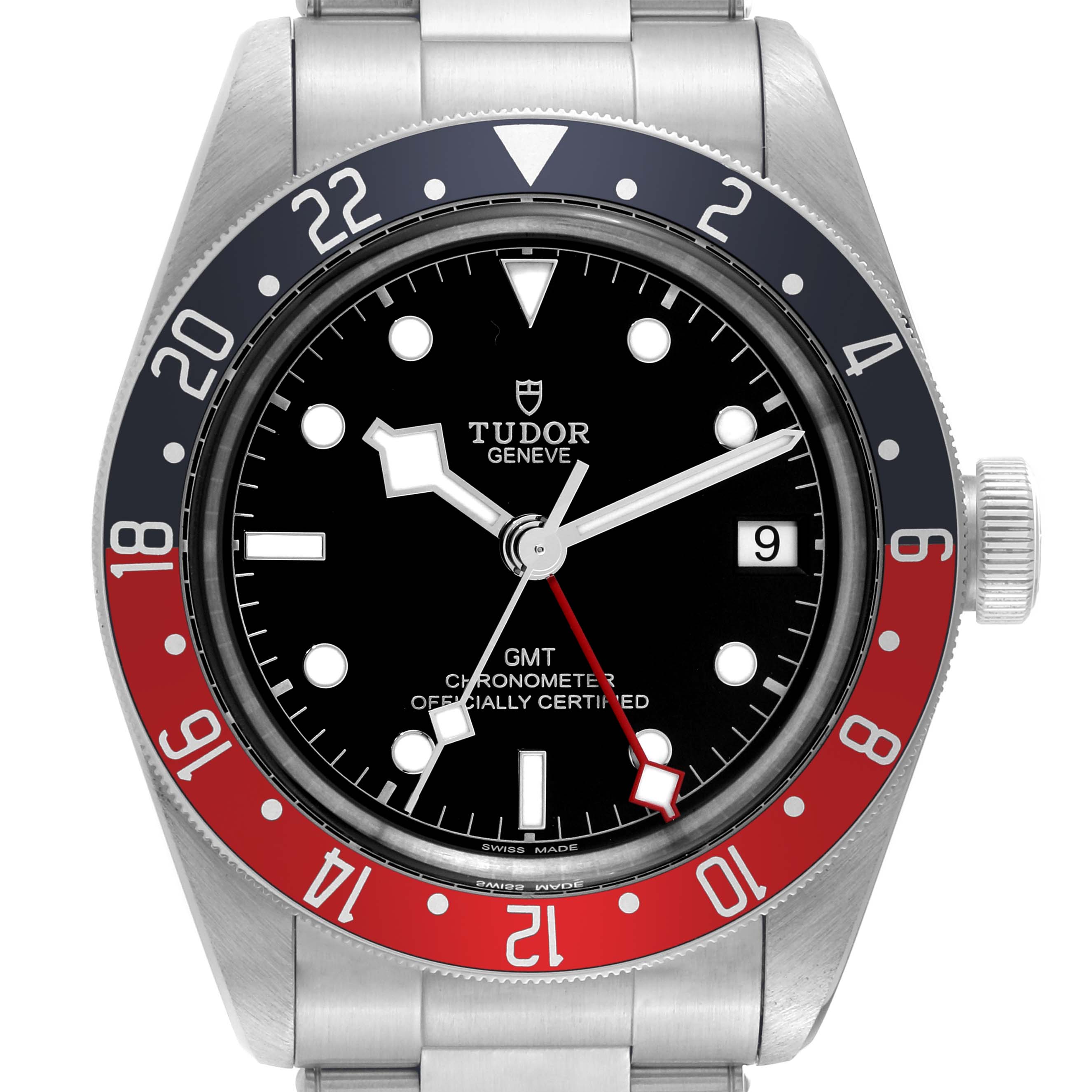 The image shows a front view of the Tudor Heritage Black Bay 79830RB Men's Stainless Steel Black Dial 79830RB Men's Stainless Steel Black Dial GMT watch, highlighting its dial, bezel, and bracelet.