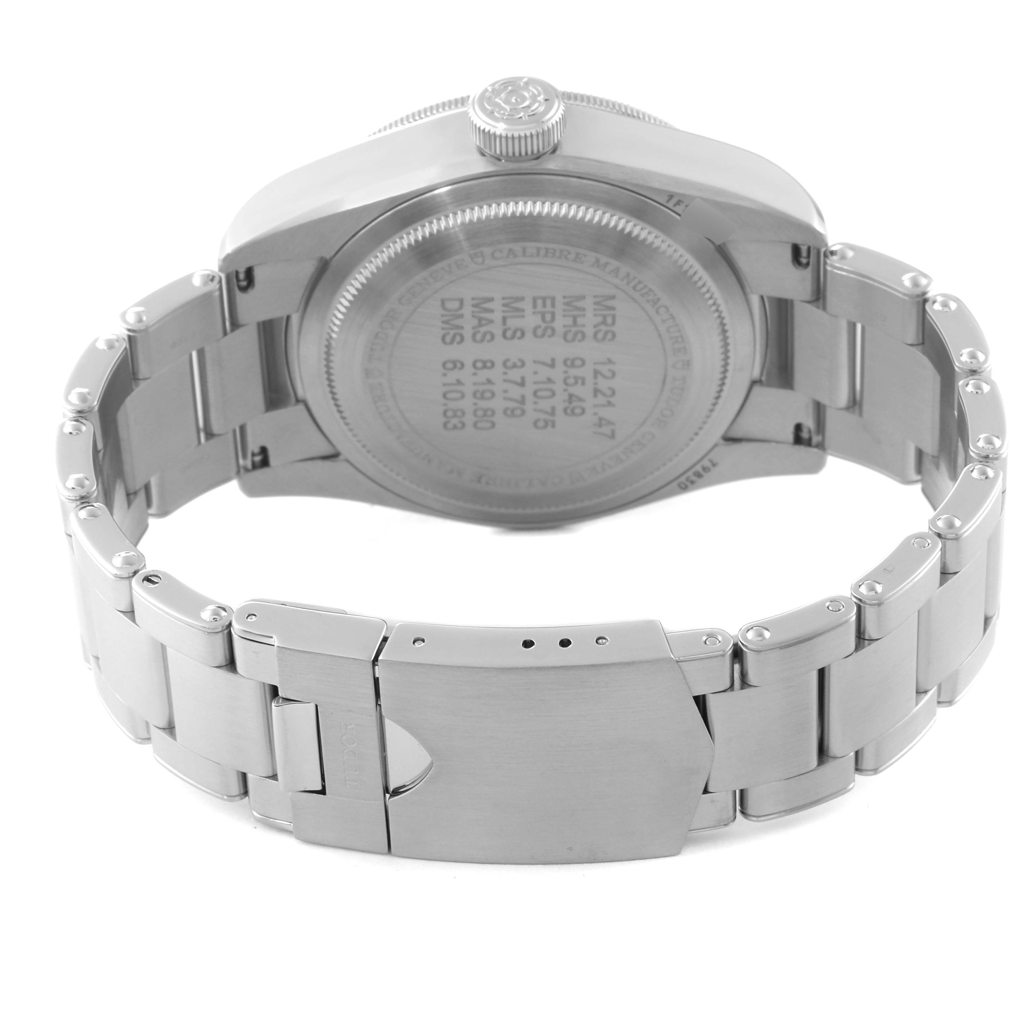 The image shows the back case and bracelet clasp of the Tudor Heritage Black Bay 79830RB Men's Stainless Steel Black Dial 79830RB Men's Stainless Steel Black Dial watch at a rear angle.