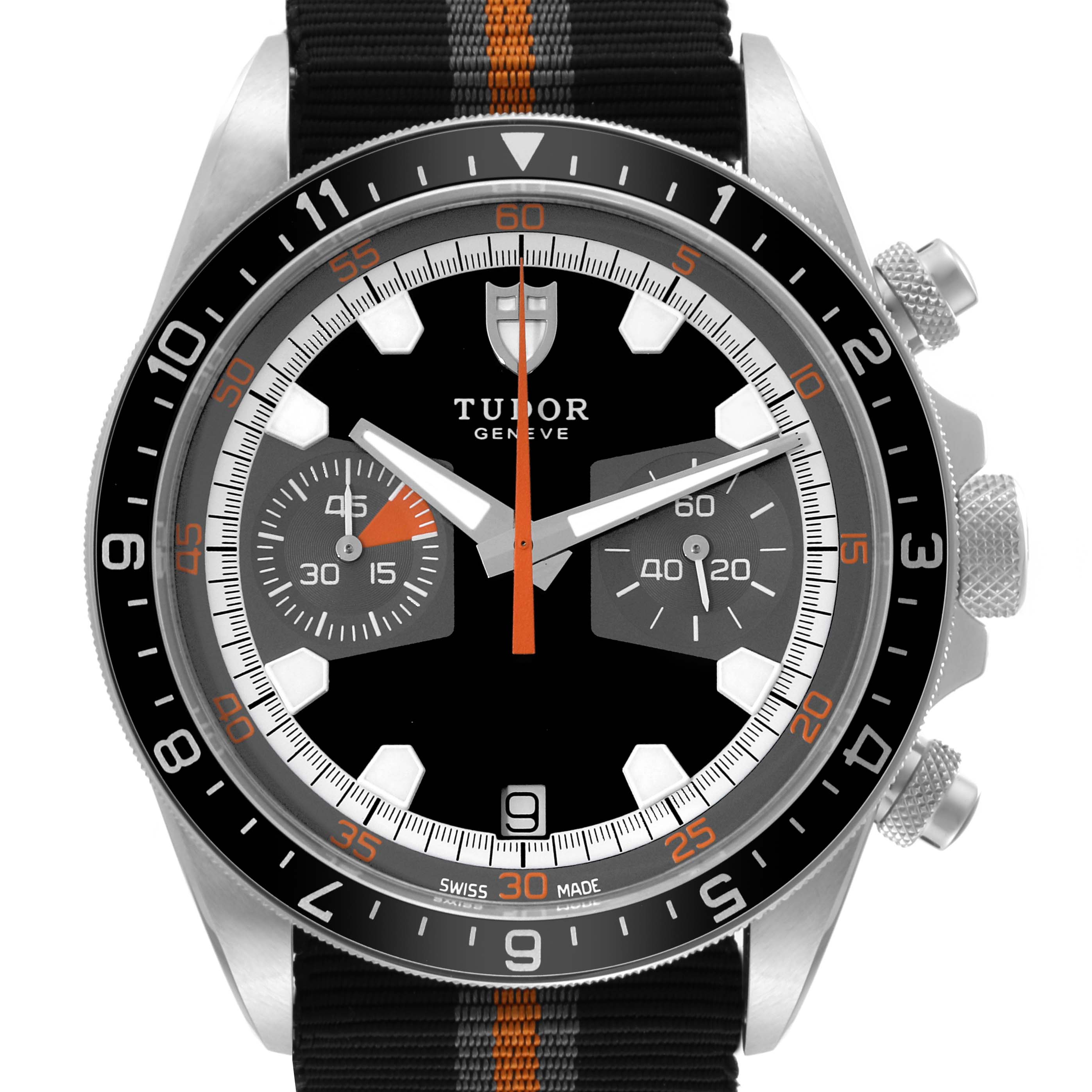 The image shows a front view of the Tudor Heritage Chrono 70330N Men's Stainless Steel Grey Dial 70330N Men's Stainless Steel Grey Dial watch, showcasing the dial, hands, bezel, and chronograph subdials.