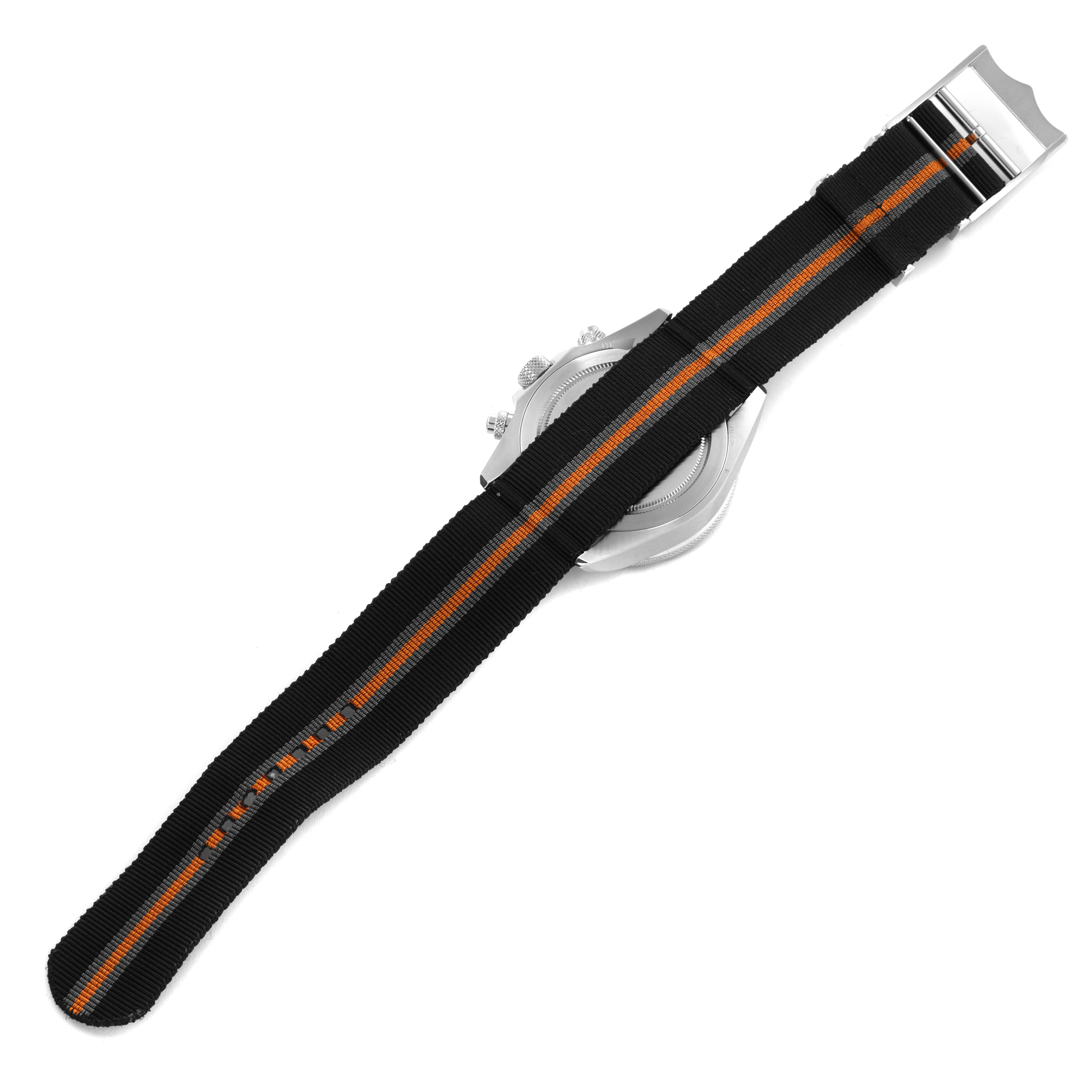 The image shows the Tudor Heritage Chrono 70330N Men's Stainless Steel Grey Dial 70330N Men's Stainless Steel Grey Dial watch from the back, highlighting the watch case and NATO strap.