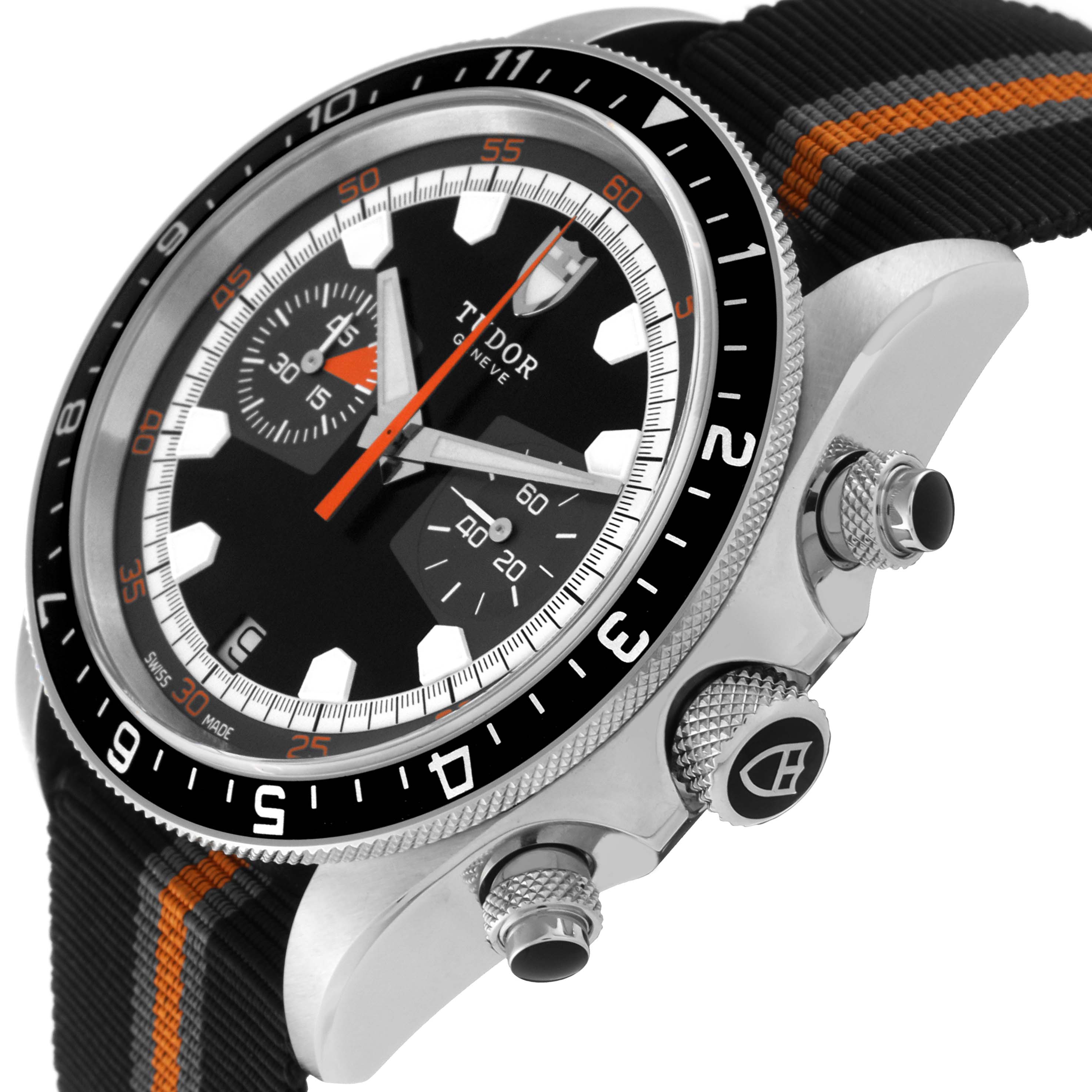 The image shows a close-up side view of the Tudor Heritage Chrono 70330N Men's Stainless Steel Grey Dial 70330N Men's Stainless Steel Grey Dial watch, highlighting the crown, pushers, bezel, and part of the strap.