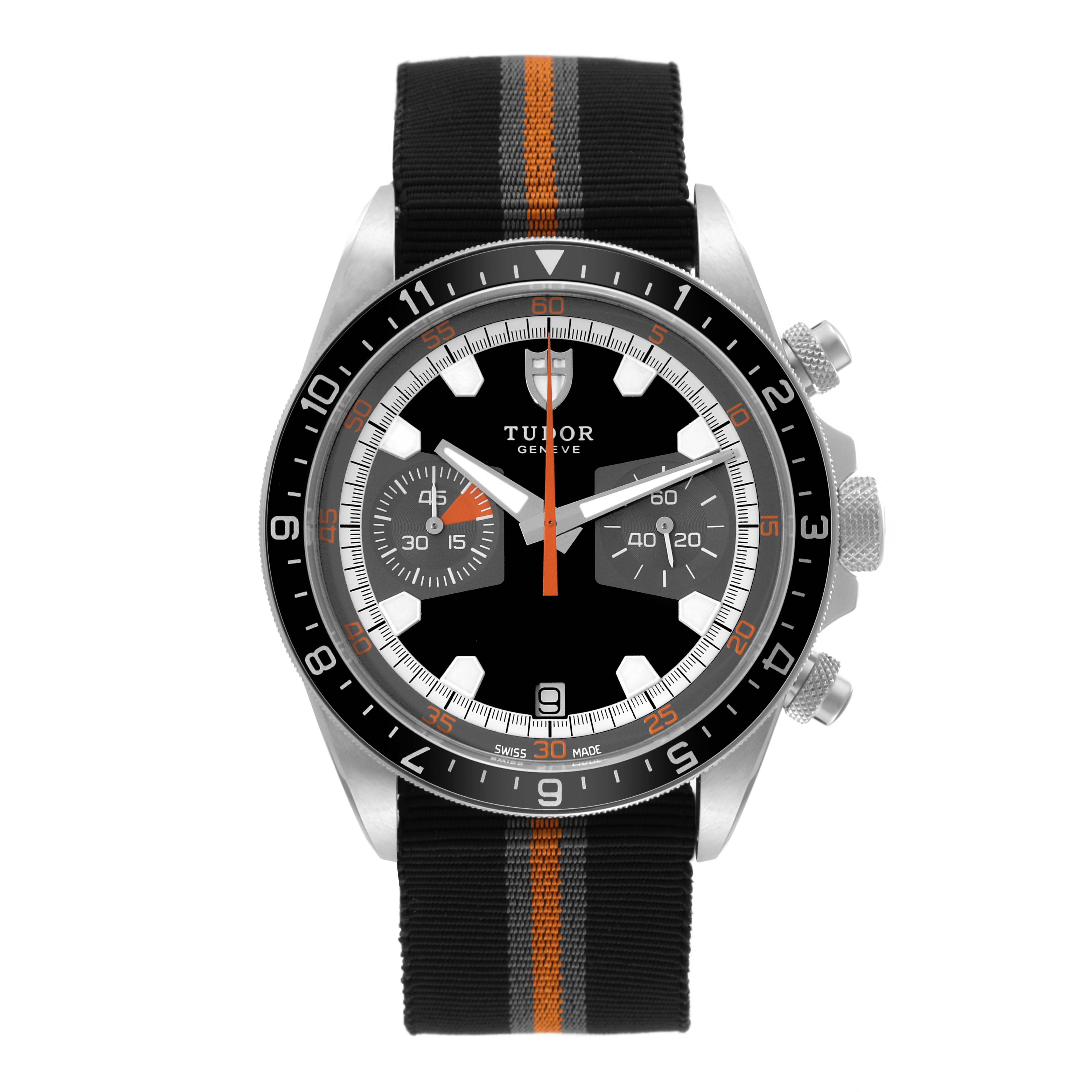 This image shows a front view of the Tudor Heritage Chrono 70330N Men's Stainless Steel Grey Dial 70330N Men's Stainless Steel Grey Dial watch, displaying the dial, bezel, and strap.