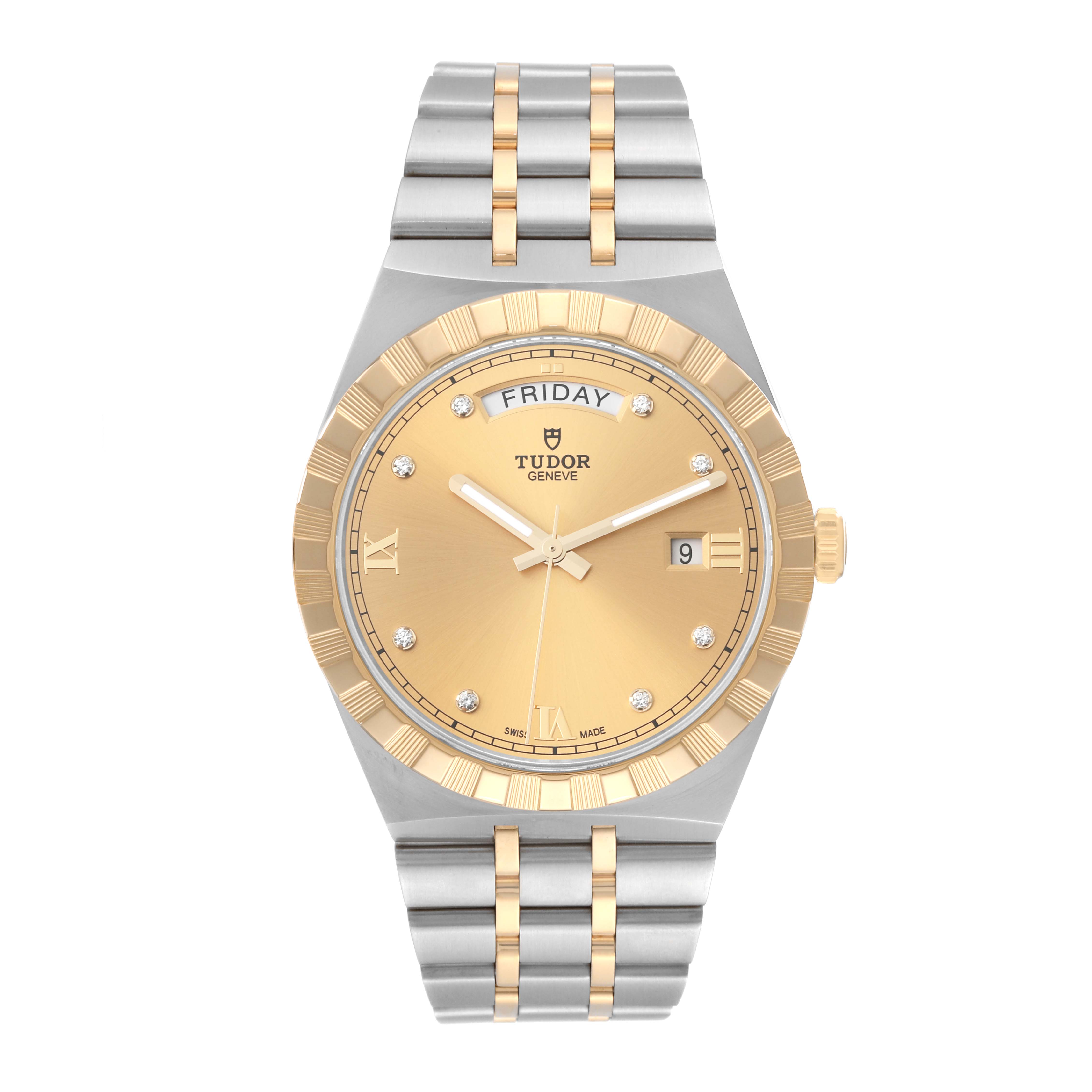 The image shows a front view of a Tudor Royal 28603 Men's Steel and Gold (two tone) Champagne Dial 28603 Men's Steel and Gold (two tone) Champagne Dial watch, detailing its gold and silver bracelet, gold dial, and day-date display.