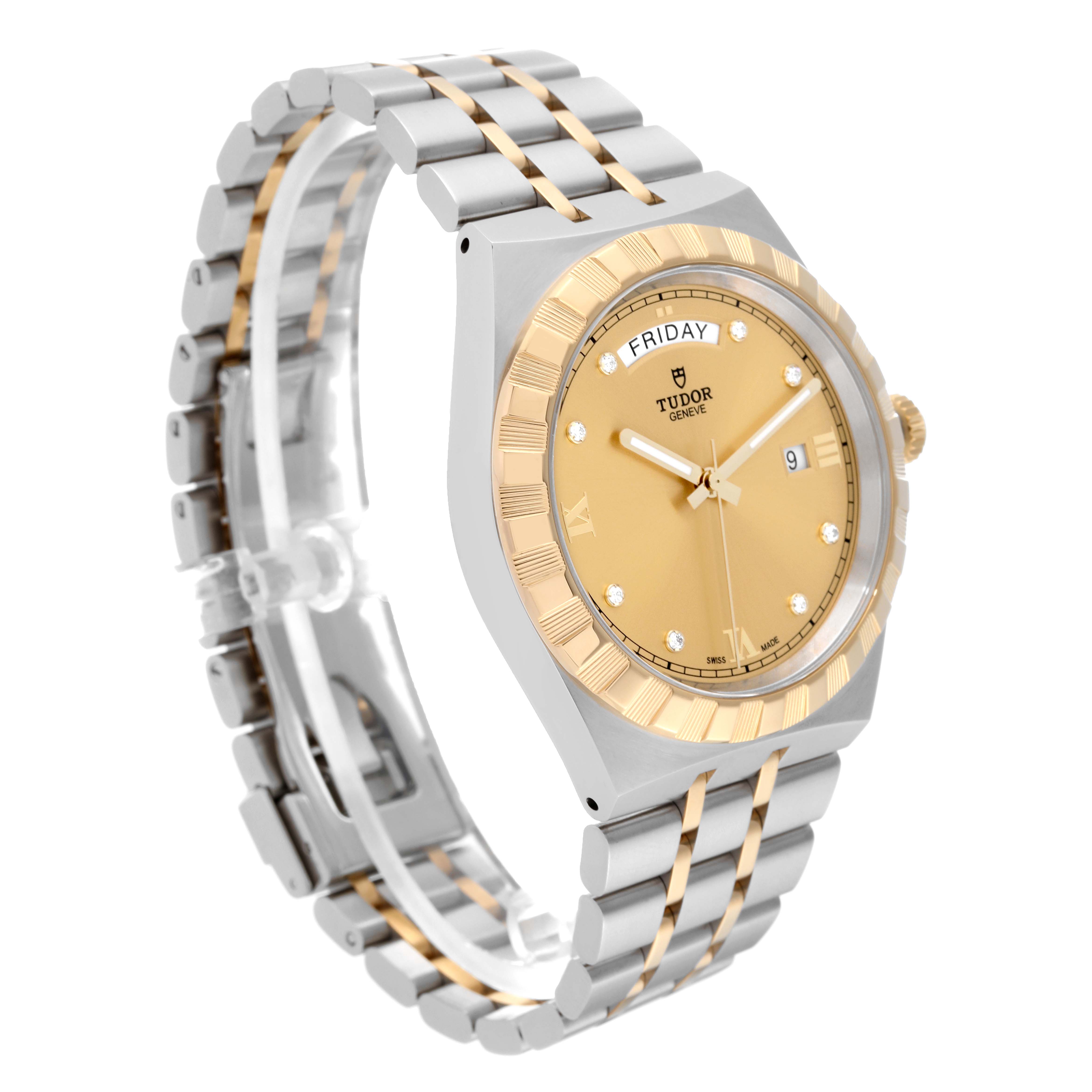The Tudor Royal 28603 Men's Steel and Gold (two tone) Champagne Dial 28603 Men's Steel and Gold (two tone) Champagne Dial watch is shown at a front diagonal angle, displaying its gold dial, bezel, and two-tone bracelet.