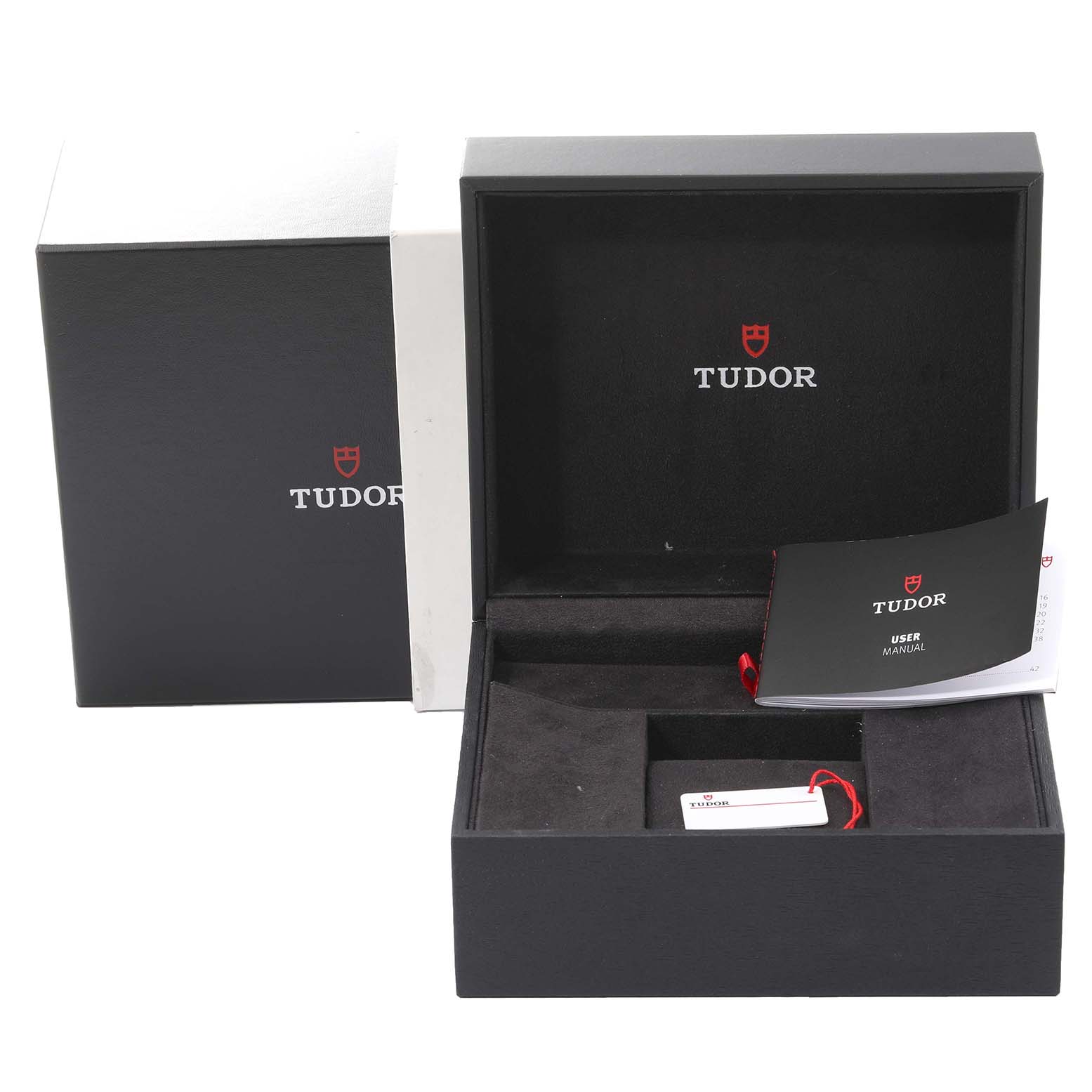 The image shows the Tudor Royal 28603 Men's Steel and Gold (two tone) Champagne Dial 28603 Men's Steel and Gold (two tone) Champagne Dial watch's open box, user manual, and interior compartments.