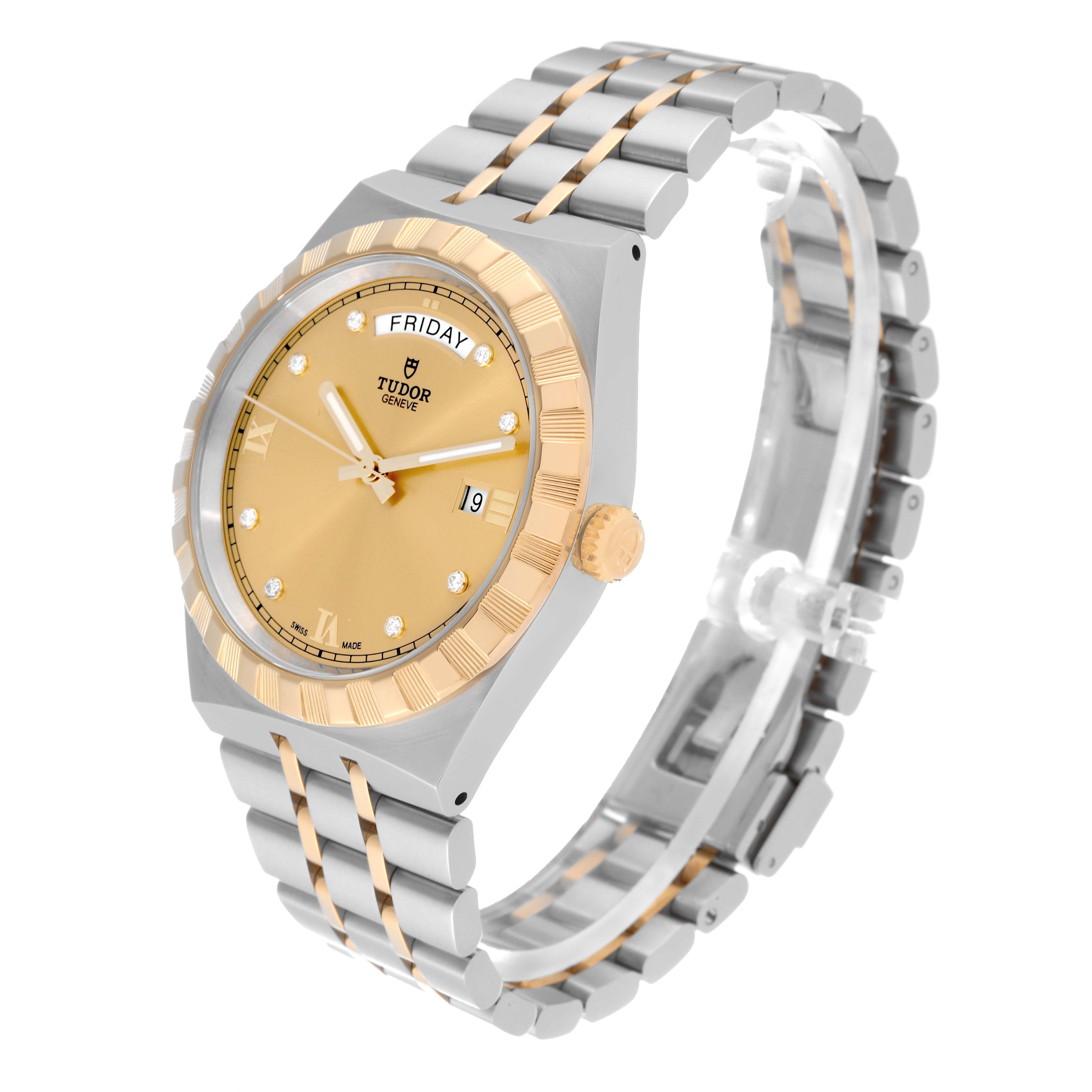 The Tudor Royal 28603 Men's Steel and Gold (two tone) Champagne Dial 28603 Men's Steel and Gold (two tone) Champagne Dial watch is shown at an angle highlighting its gold-tone dial, bezel, bracelet, and crown, along with the day and date displays.