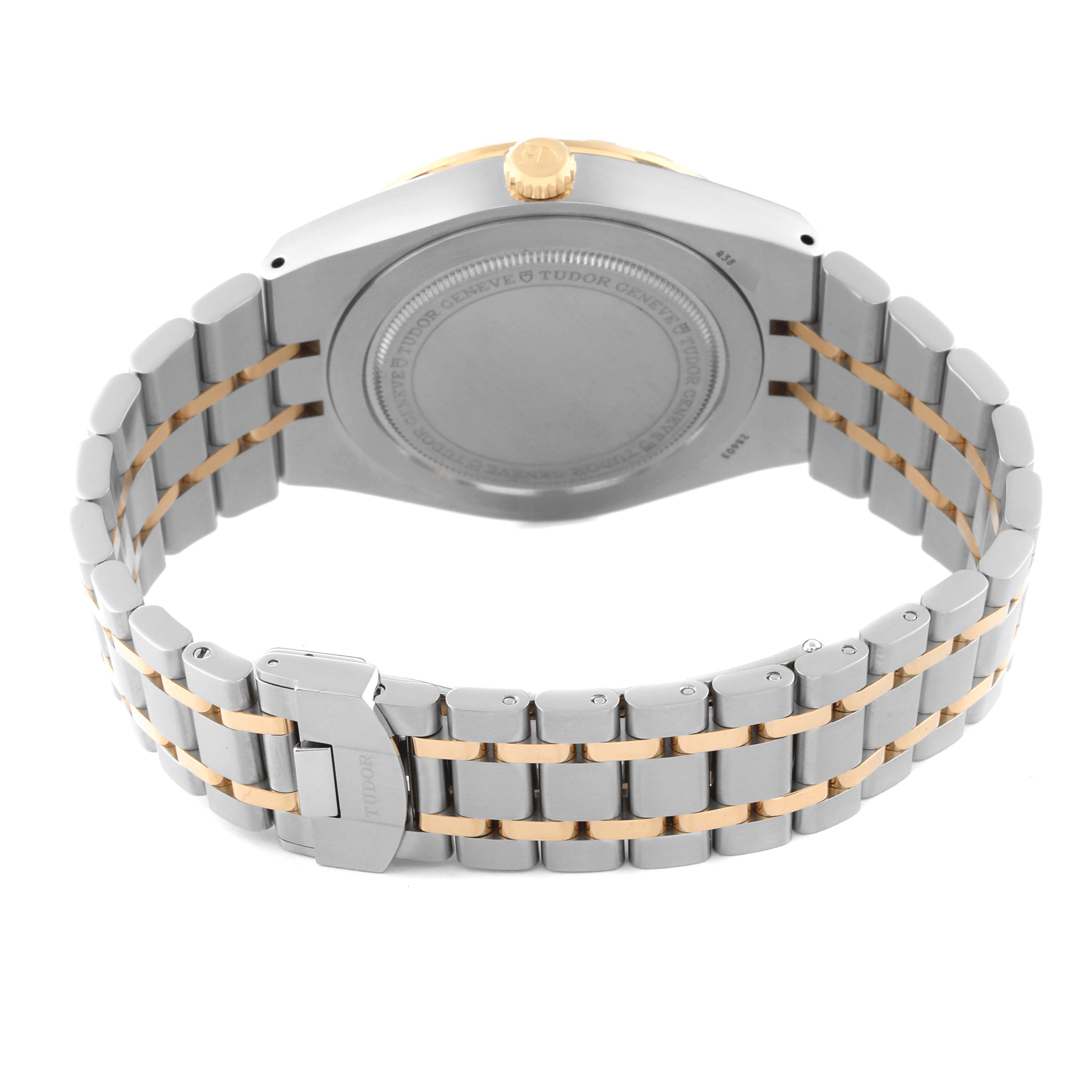 This image shows the back and bracelet of a Tudor Royal 28603 Men's Steel and Gold (two tone) Champagne Dial 28603 Men's Steel and Gold (two tone) Champagne Dial model watch, highlighting its clasp and crown.