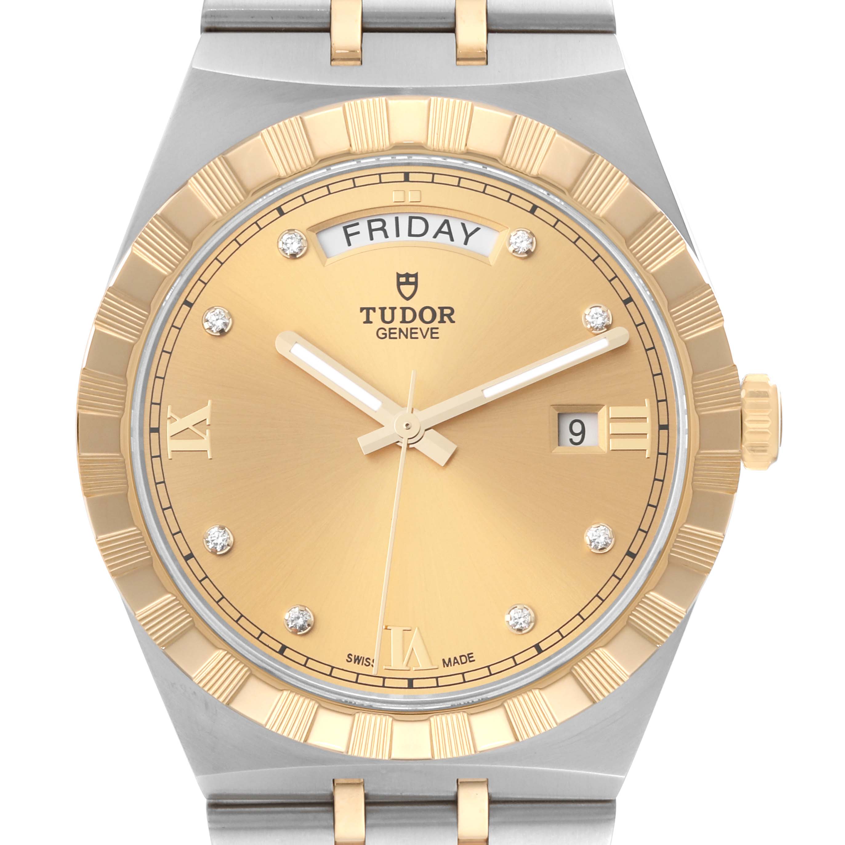 The image shows the front view of a Tudor Royal 28603 Men's Steel and Gold (two tone) Champagne Dial 28603 Men's Steel and Gold (two tone) Champagne Dial watch, highlighting the dial, date display, day display, and bezel.
