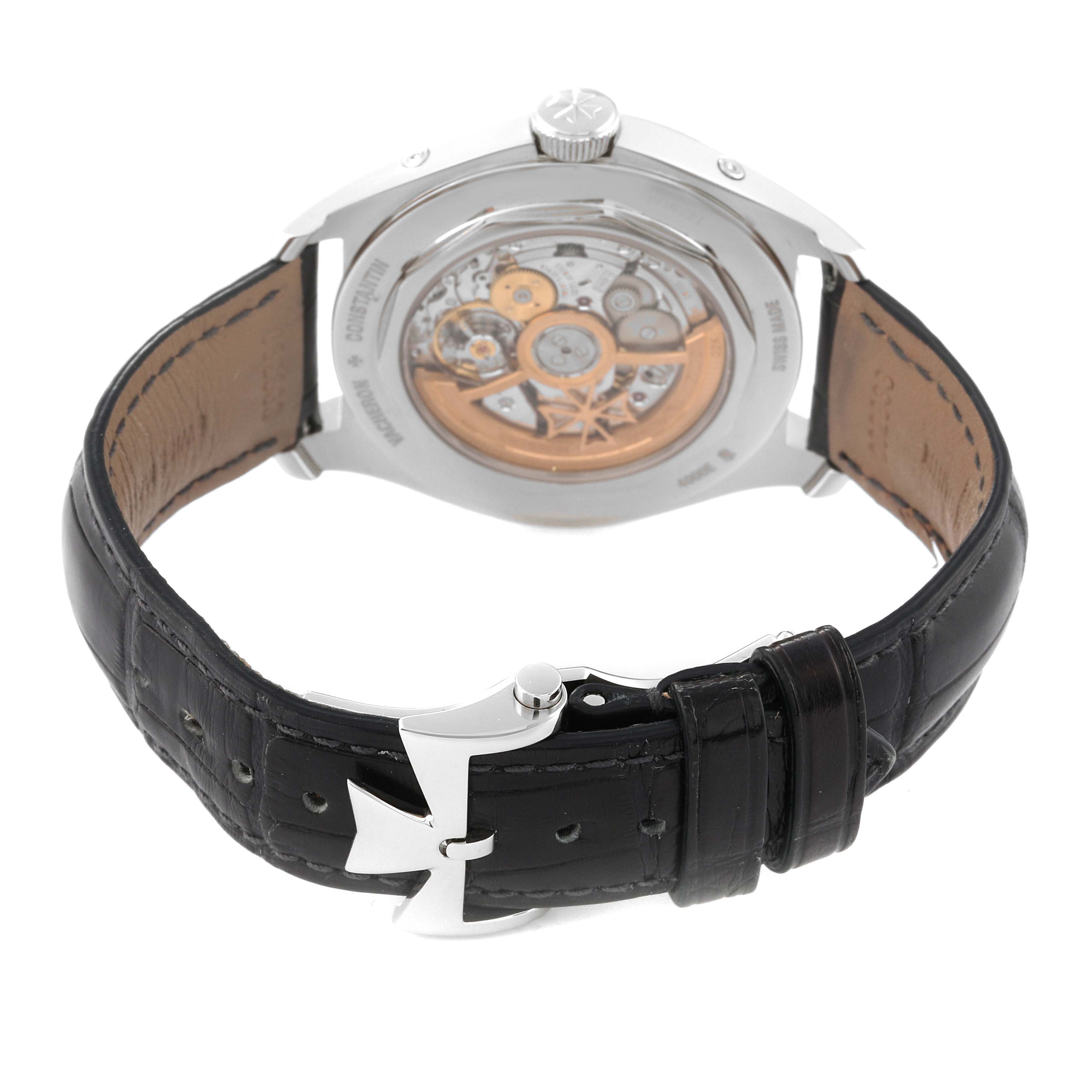 The image shows the back view of a Vacheron Constantin Fiftysix 4000E/000A-B439 Men
s Stainless Steel Silver Dial 4000E/000A-B439 Men
s Stainless Steel Silver Dial model, highlighting its movement and strap.