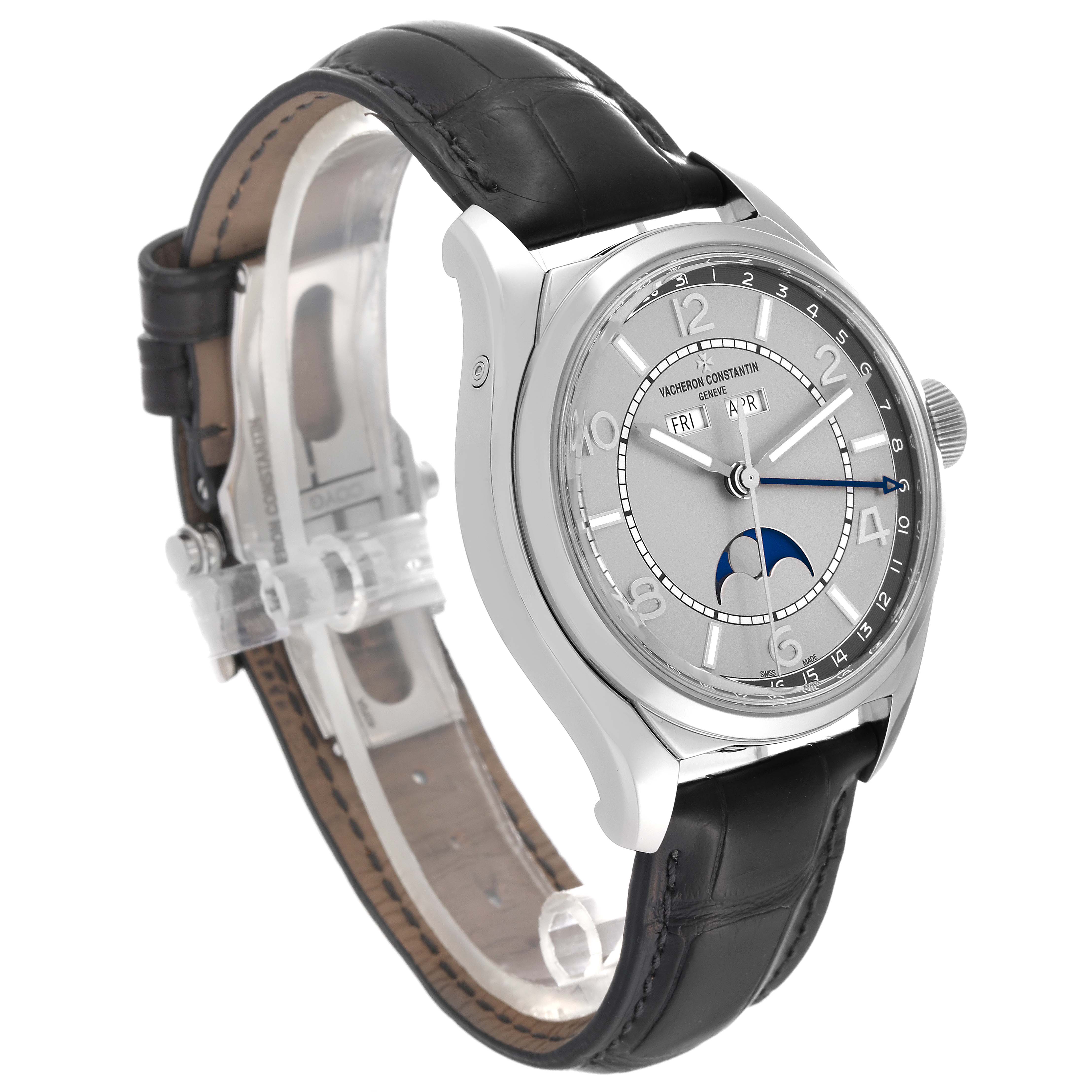 The image shows a Vacheron Constantin Fiftysix 4000E/000A-B439 Men
s Stainless Steel Silver Dial 4000E/000A-B439 Men
s Stainless Steel Silver Dial model watch from a three-quarter side angle, displaying the dial, strap, and case.