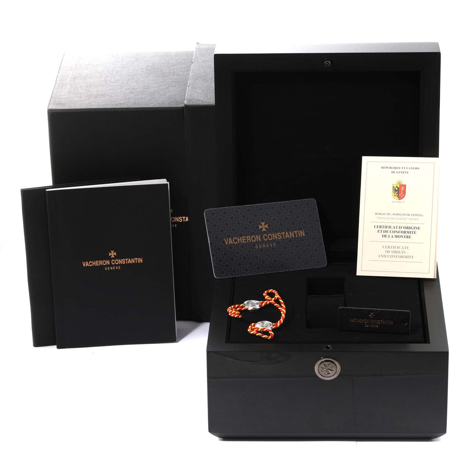 The image shows the packaging, certificate, and box for the Vacheron Constantin Fiftysix 4000E/000A-B439 Men
s Stainless Steel Silver Dial 4000E/000A-B439 Men
s Stainless Steel Silver Dial model watch from an angled top-down view.