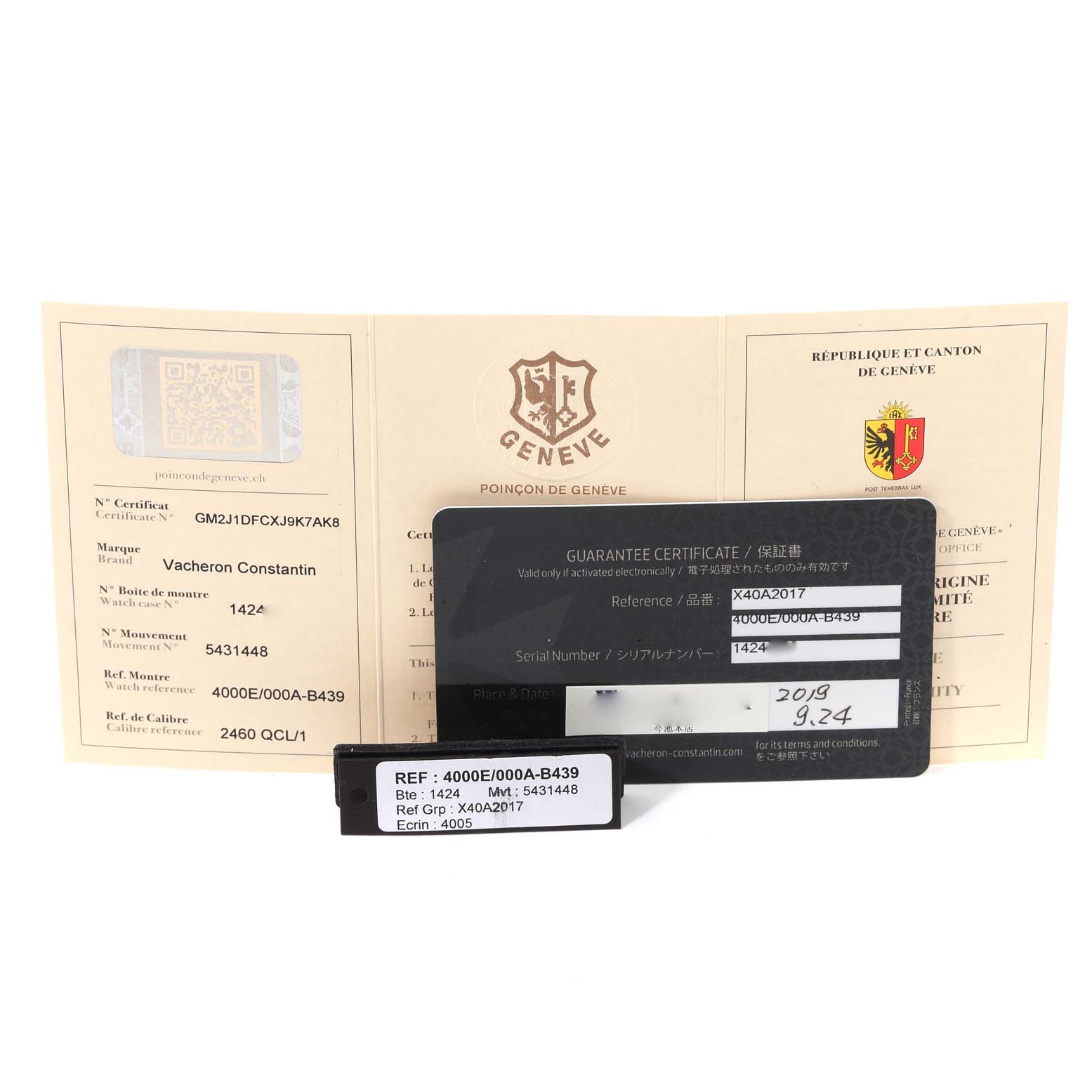 The image shows certificates and documentation for the Vacheron Constantin Fiftysix 4000E/000A-B439 Men
s Stainless Steel Silver Dial 4000E/000A-B439 Men
s Stainless Steel Silver Dial model watch.