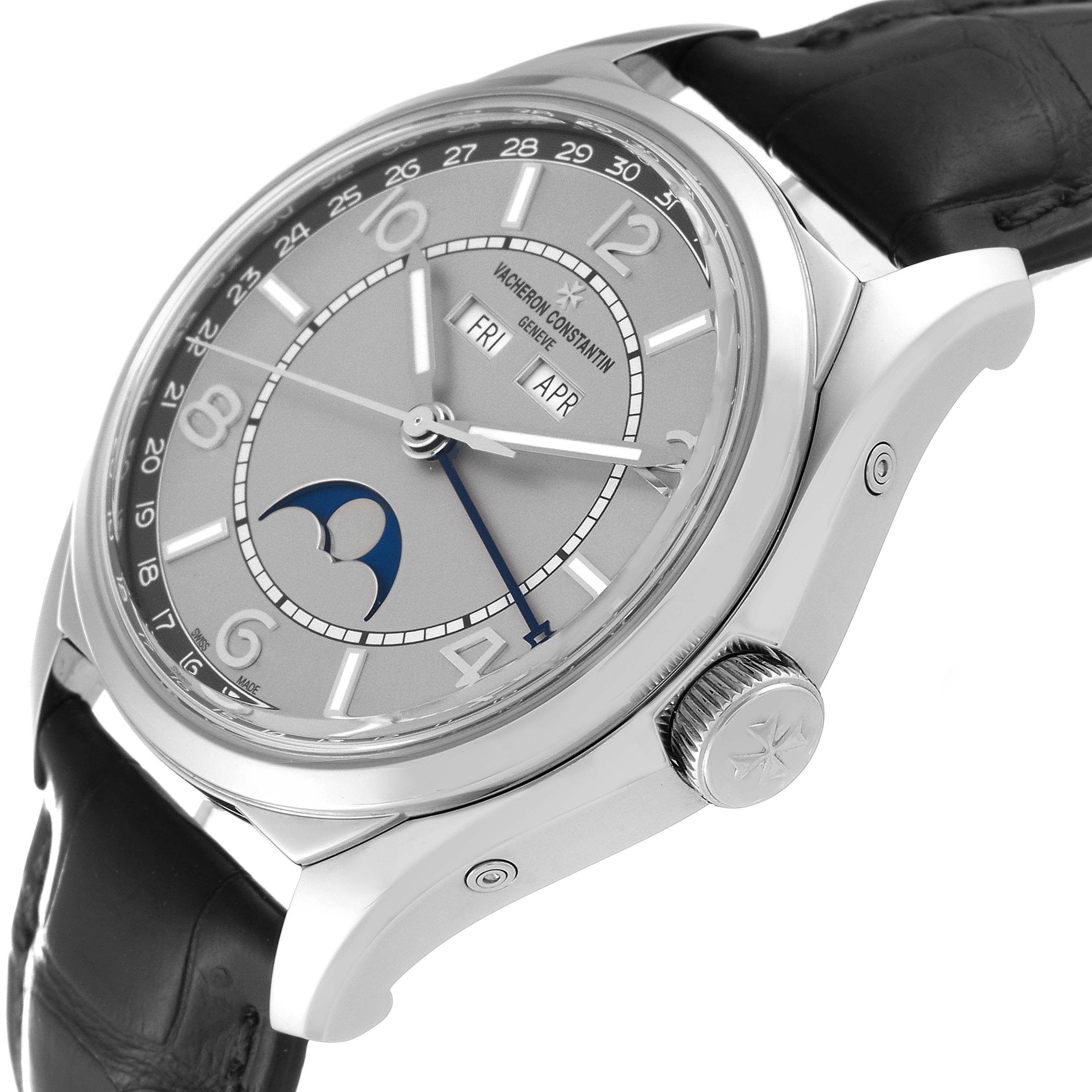 This Vacheron Constantin Fiftysix 4000E/000A-B439 Men
s Stainless Steel Silver Dial 4000E/000A-B439 Men
s Stainless Steel Silver Dial watch is shown from a three-quarter angle, displaying the dial, crown, and part of the strap.