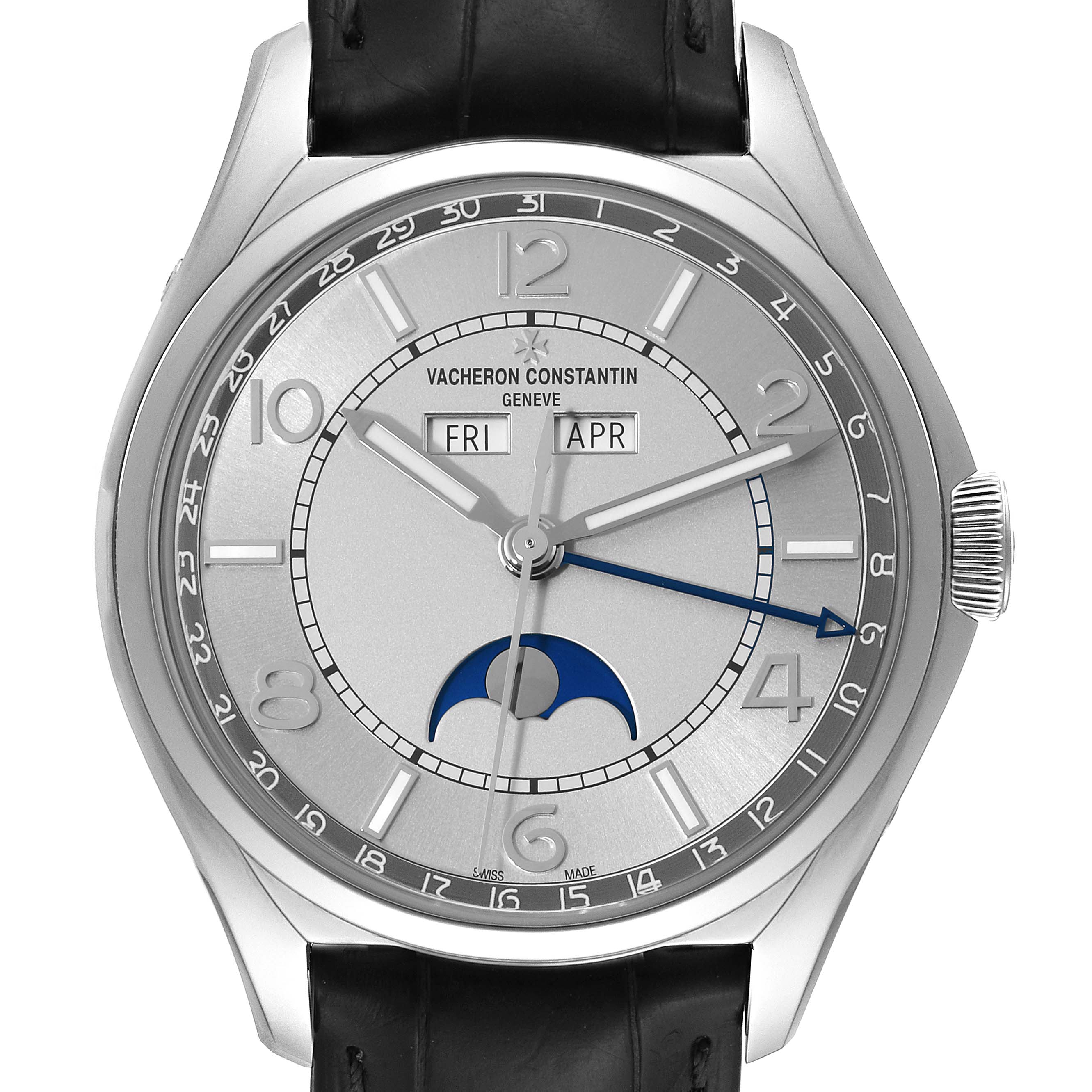 This is a frontal view of the Vacheron Constantin Fiftysix 4000E/000A-B439 Men
s Stainless Steel Silver Dial 4000E/000A-B439 Men
s Stainless Steel Silver Dial watch showing its dial, hands, and moon phase indicator.