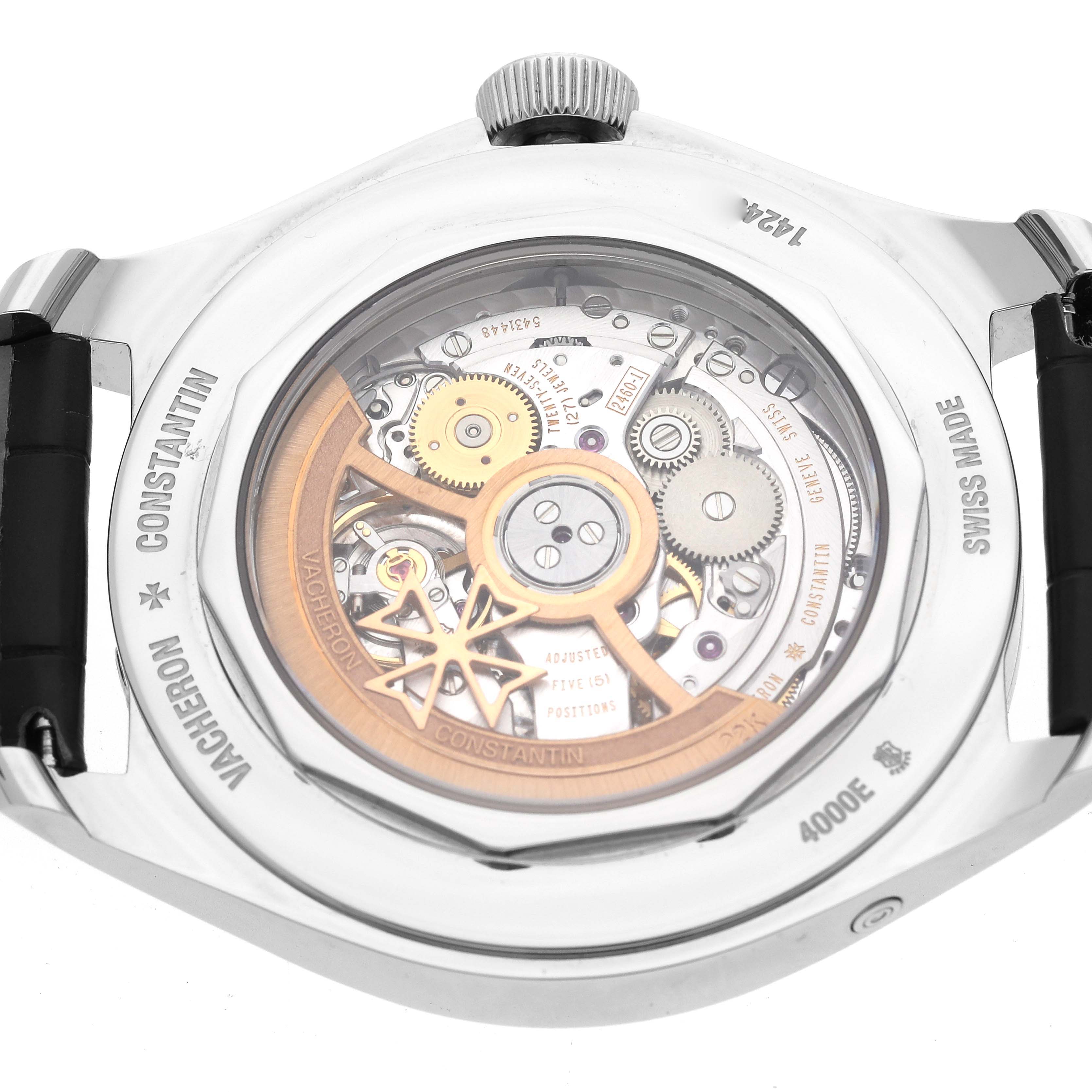 The image shows the case back of a Vacheron Constantin Fiftysix 4000E/000A-B439 Men
s Stainless Steel Silver Dial 4000E/000A-B439 Men
s Stainless Steel Silver Dial model, highlighting its intricate movement and rotor.