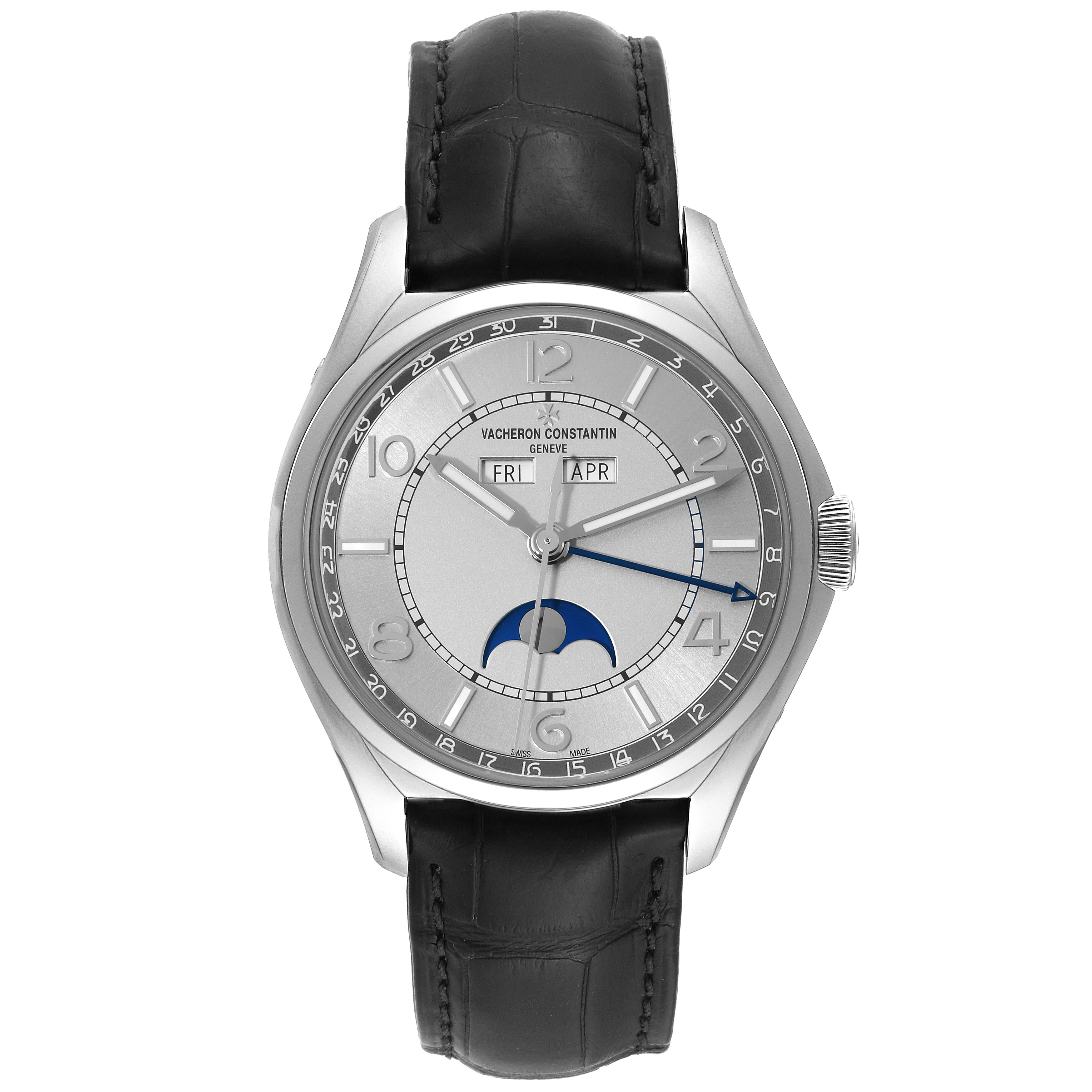 The image shows a front view of a Vacheron Constantin Fiftysix 4000E/000A-B439 Men
s Stainless Steel Silver Dial 4000E/000A-B439 Men
s Stainless Steel Silver Dial model watch, highlighting its dial, case, and leather strap.