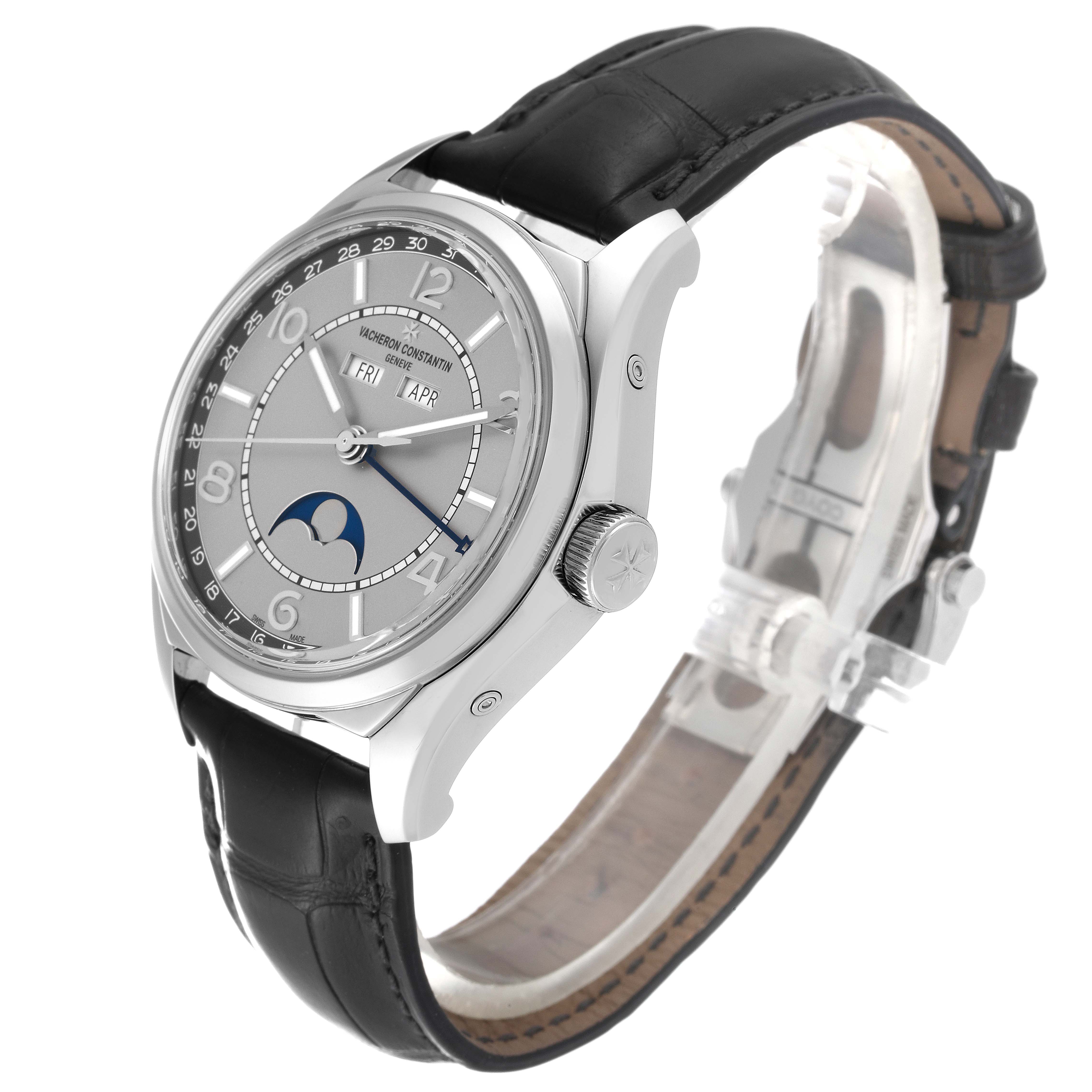 This image shows a side angle of the Vacheron Constantin Fiftysix 4000E/000A-B439 Men
s Stainless Steel Silver Dial 4000E/000A-B439 Men
s Stainless Steel Silver Dial model, highlighting its dial, crown, and strap.