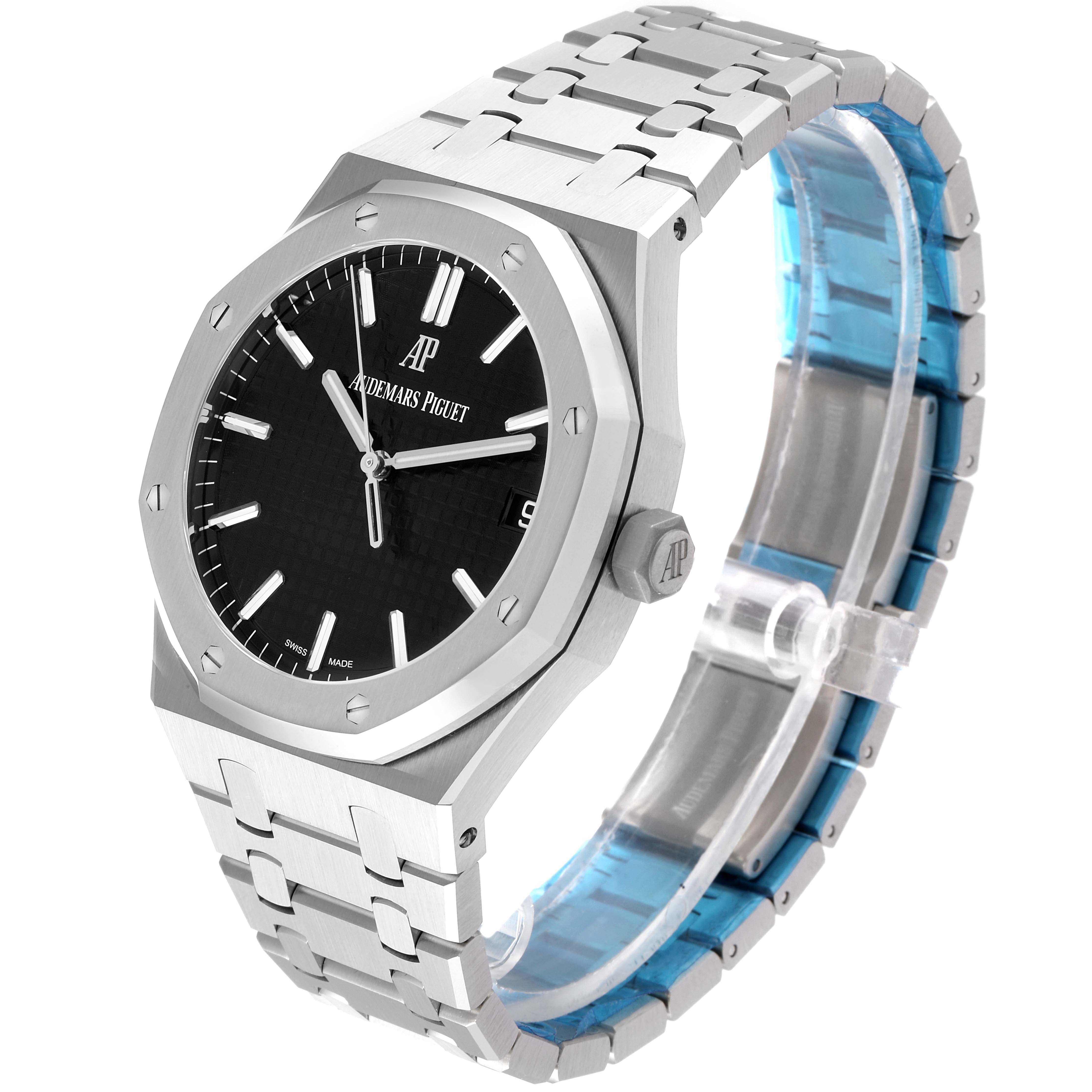 Side angle view of the Audemars Piguet Royal Oak 15500ST.OO.1220ST.03 Men
s Stainless Steel Black Dial 15500ST.OO.1220ST.03 Men
s Stainless Steel Black Dial watch showing the face, bezel, crown, and part of the bracelet.