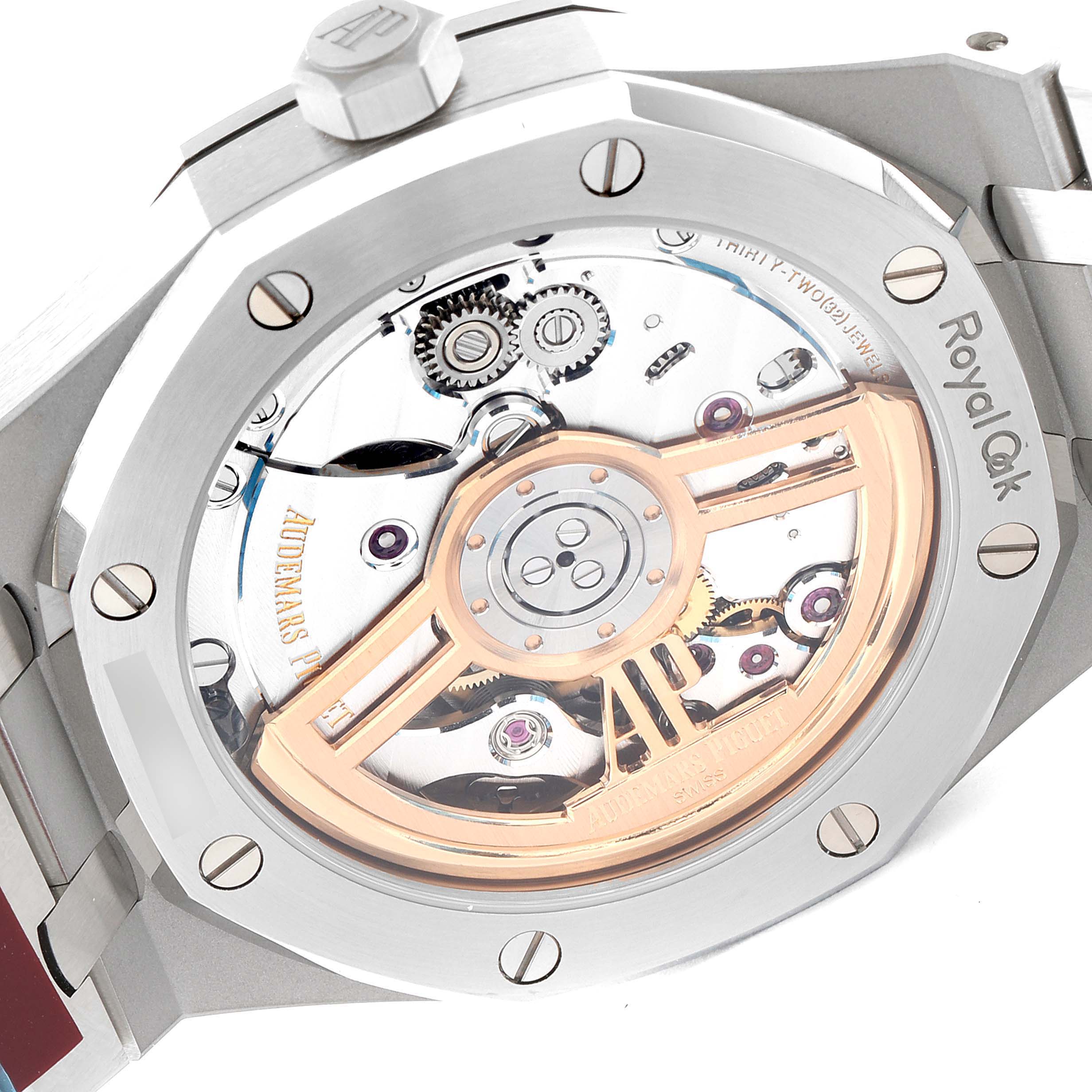 This image shows the back of the Audemars Piguet Royal Oak 15500ST.OO.1220ST.03 Men
s Stainless Steel Black Dial 15500ST.OO.1220ST.03 Men
s Stainless Steel Black Dial watch, highlighting the visible movement and rotor mechanism.