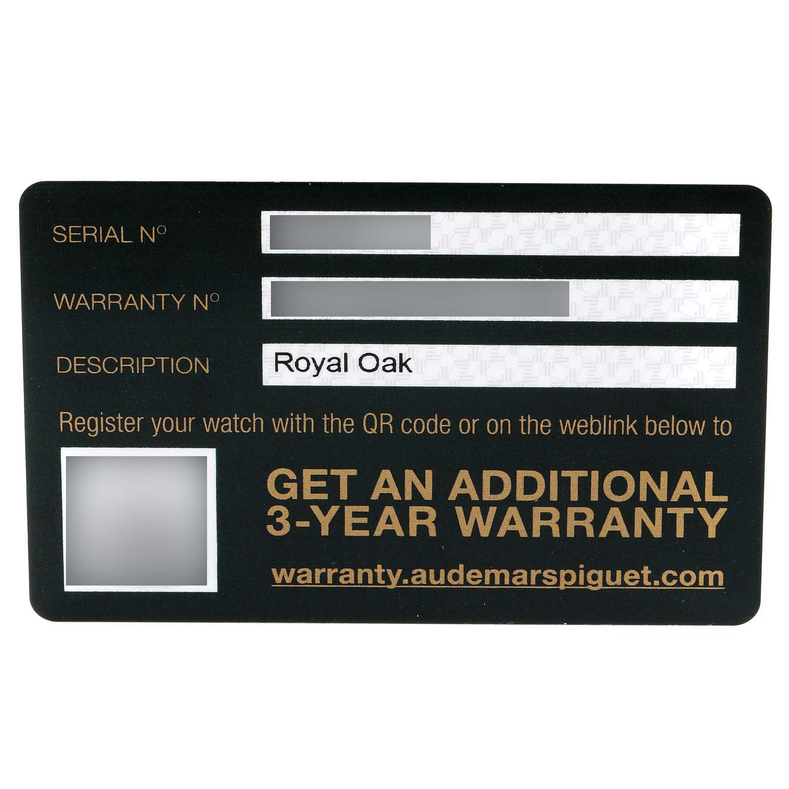 This image shows a warranty card for the Royal Oak model by Audemars Piguet.