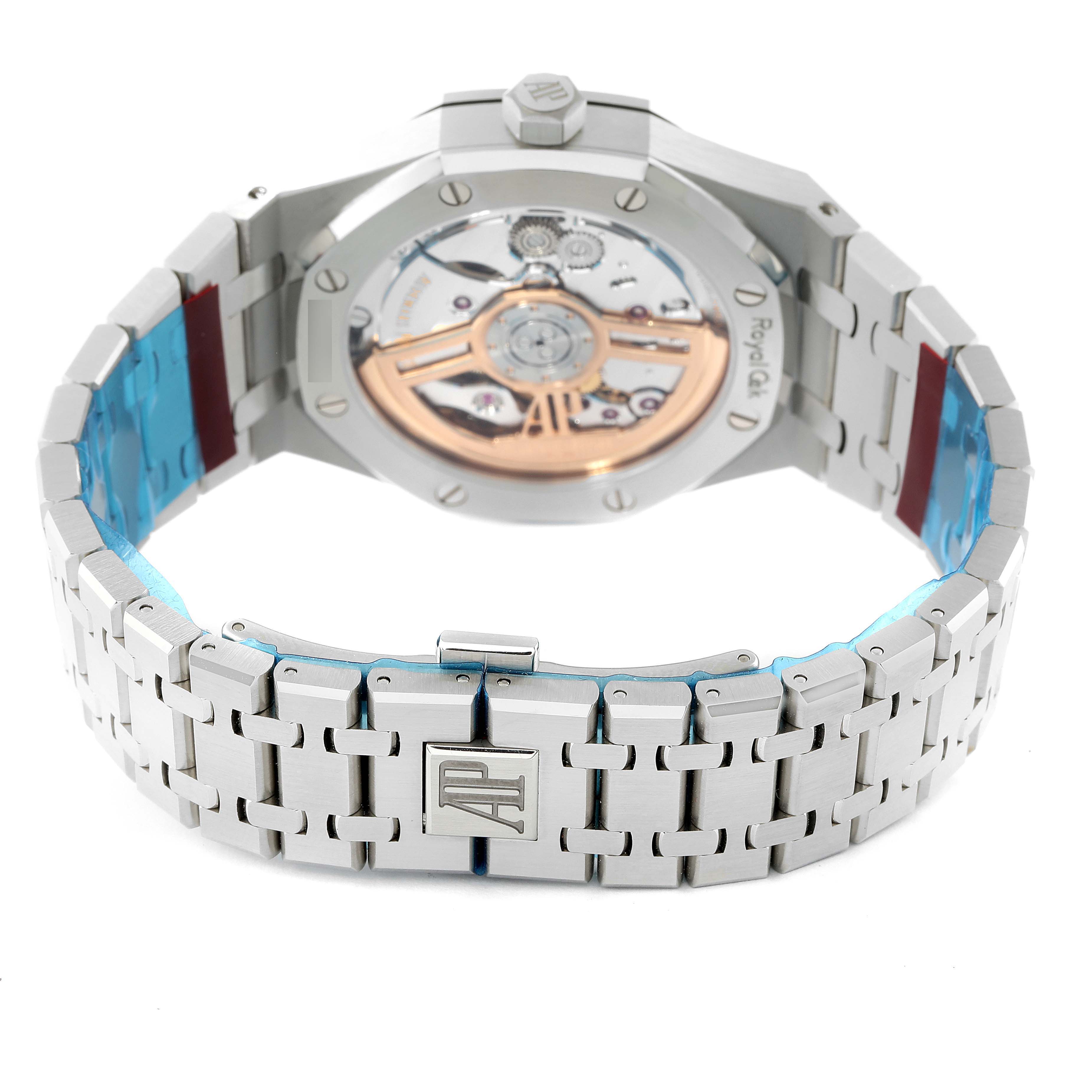 This image shows the back of an Audemars Piguet Royal Oak 15500ST.OO.1220ST.03 Men
s Stainless Steel Black Dial 15500ST.OO.1220ST.03 Men
s Stainless Steel Black Dial watch, highlighting its clasp and the intricate movement inside.