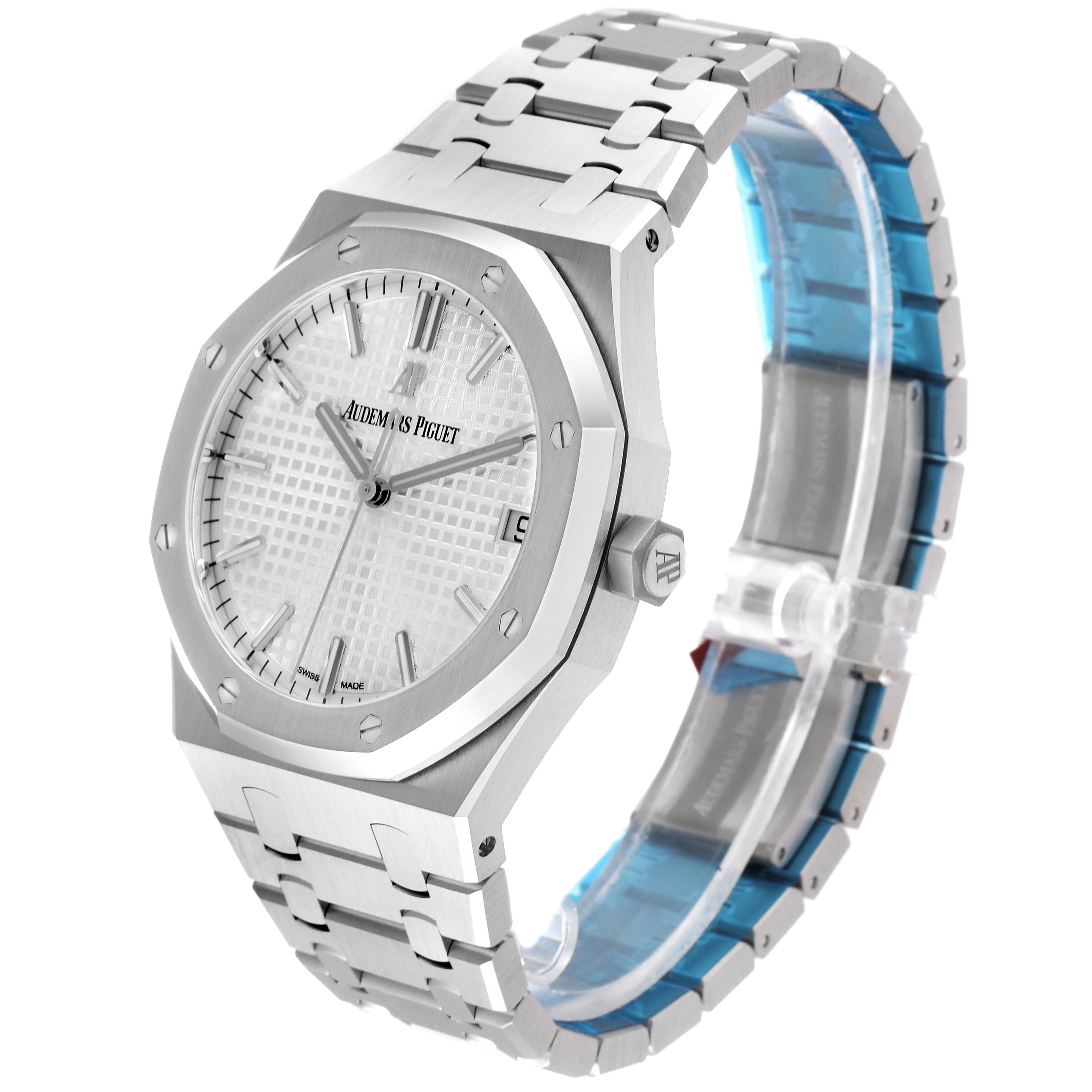 This image shows a side angle of the Audemars Piguet Royal Oak 15500ST.OO.1220ST.04 Men's Stainless Steel Silver Dial 15500ST.OO.1220ST.04 Men's Stainless Steel Silver Dial watch, highlighting its face, bracelet, and crown.