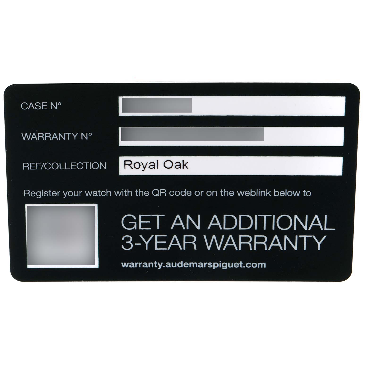 This image shows a warranty card for the Audemars Piguet Royal Oak 15500ST.OO.1220ST.04 Men's Stainless Steel Silver Dial 15500ST.OO.1220ST.04 Men's Stainless Steel Silver Dial model, including spaces for Case No, Warranty No, and Reference/Collection.