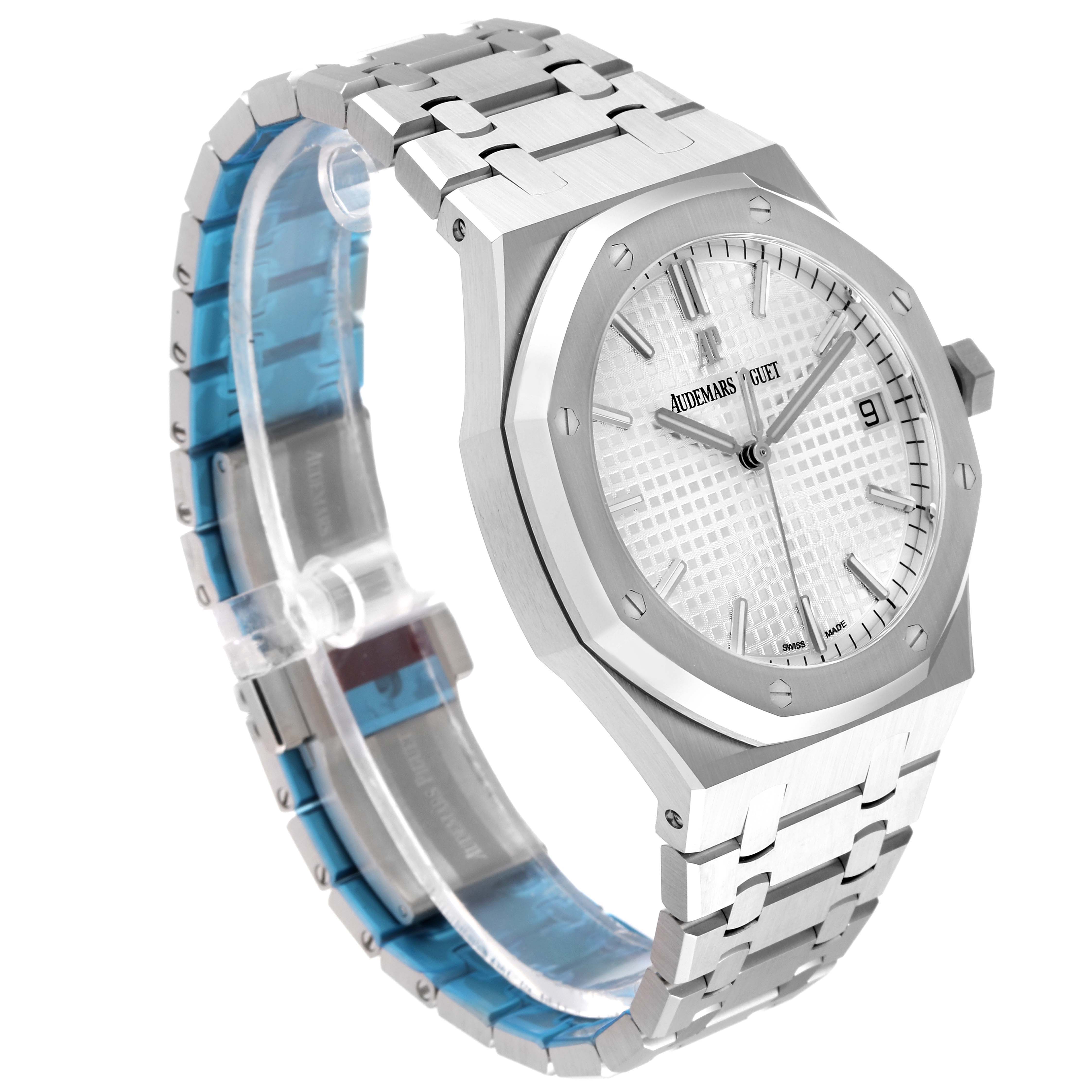 The image shows an Audemars Piguet Royal Oak 15500ST.OO.1220ST.04 Men's Stainless Steel Silver Dial 15500ST.OO.1220ST.04 Men's Stainless Steel Silver Dial watch at a three-quarter angle, highlighting the face, bezel, and part of the bracelet.