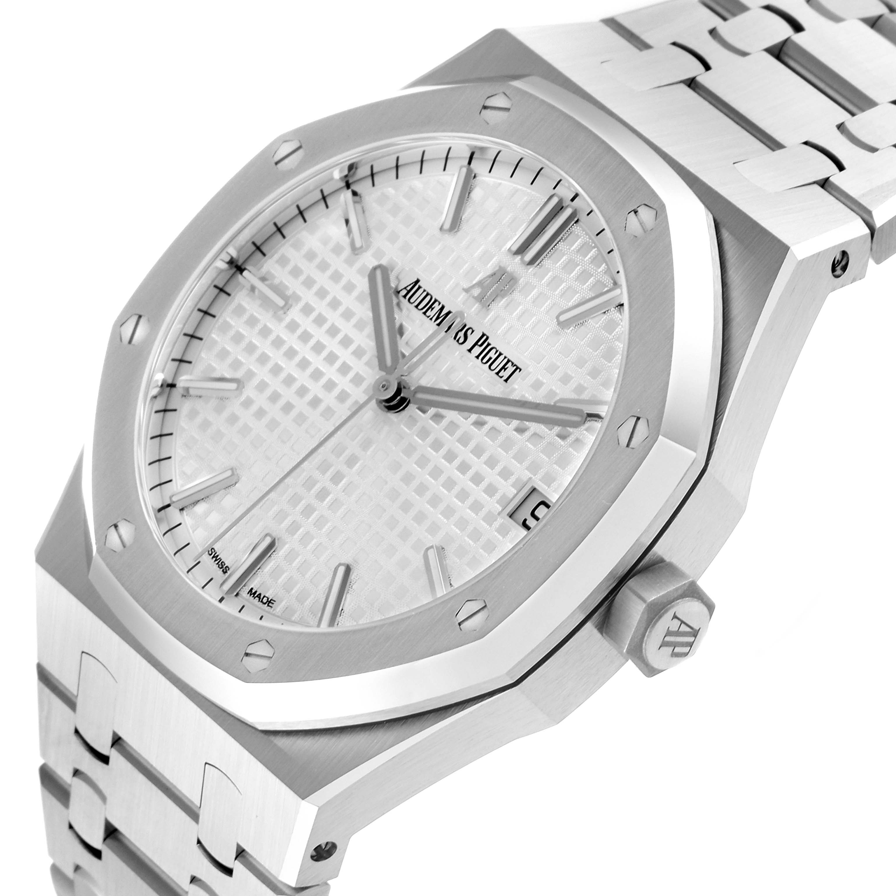 The Audemars Piguet Royal Oak 15500ST.OO.1220ST.04 Men's Stainless Steel Silver Dial 15500ST.OO.1220ST.04 Men's Stainless Steel Silver Dial watch is shown from an angled top view, highlighting the dial, bezel, and bracelet.