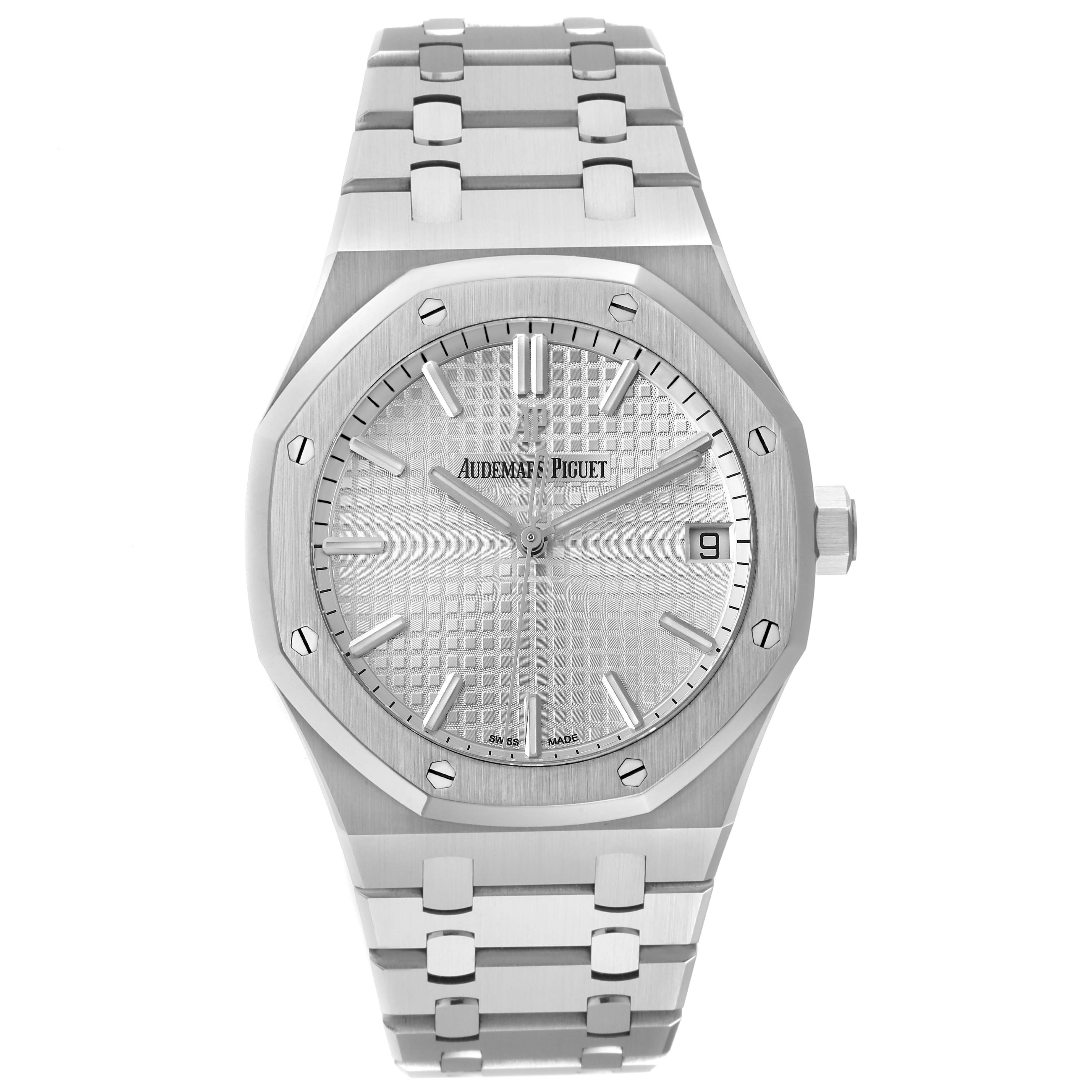 This is a frontal view of the Audemars Piguet Royal Oak 15500ST.OO.1220ST.04 Men's Stainless Steel Silver Dial 15500ST.OO.1220ST.04 Men's Stainless Steel Silver Dial watch, showing the bracelet, case, dial, and date window.
