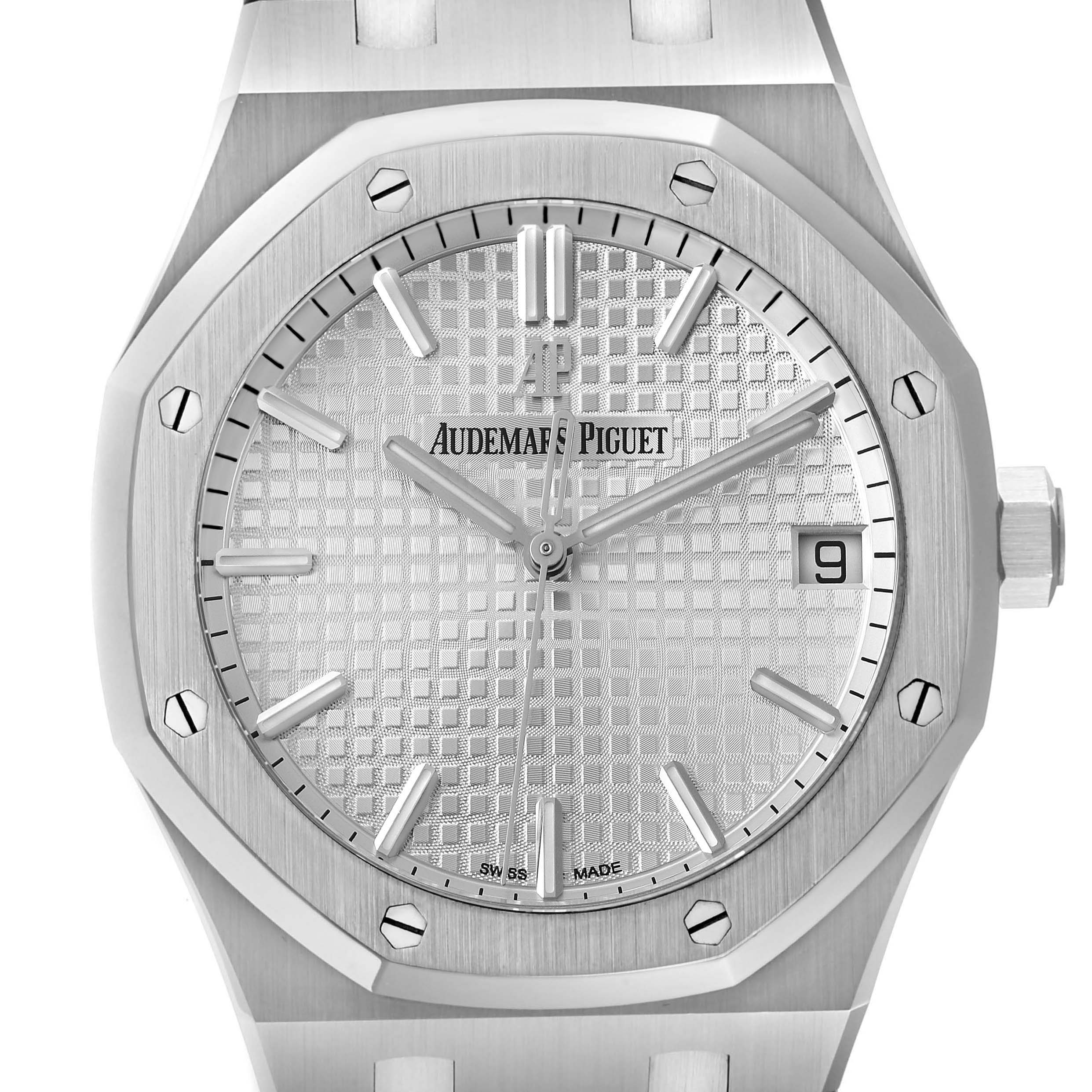 This image shows the face and bezel of the Audemars Piguet Royal Oak 15500ST.OO.1220ST.04 Men's Stainless Steel Silver Dial 15500ST.OO.1220ST.04 Men's Stainless Steel Silver Dial watch, including the dial, hands, date window, and part of the bracelet.