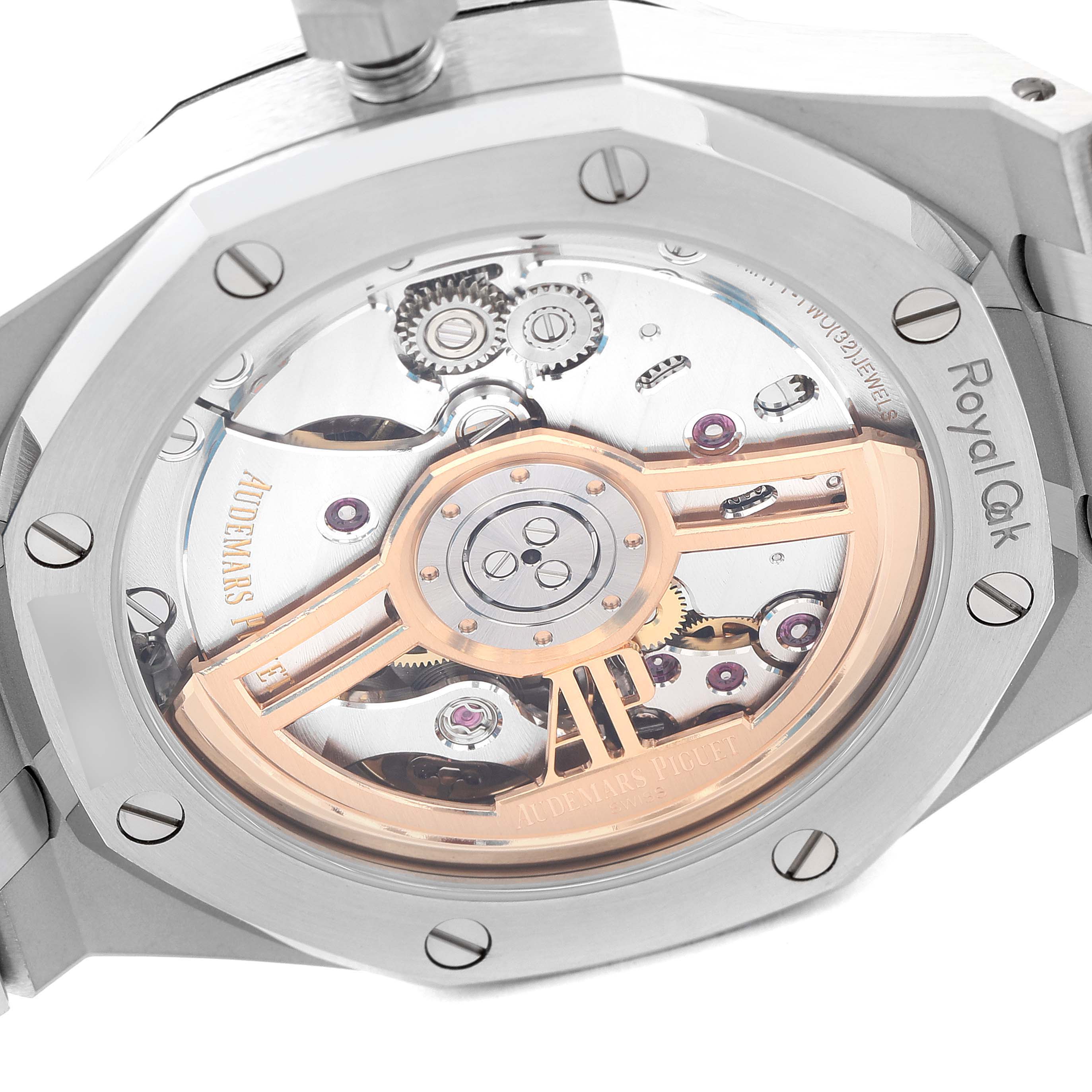 The image shows a close-up view of the exhibition case back of the Audemars Piguet Royal Oak 15500ST.OO.1220ST.04 Men's Stainless Steel Silver Dial 15500ST.OO.1220ST.04 Men's Stainless Steel Silver Dial, displaying the watch’s movement.