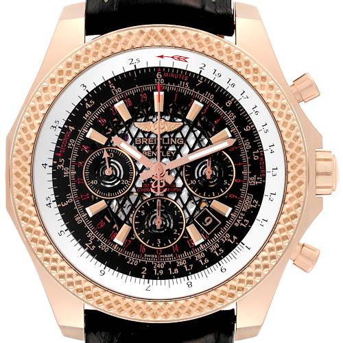 The Breitling Bentley model watch is shown from the front, highlighting the dial, bezel, and chronograph subdials.