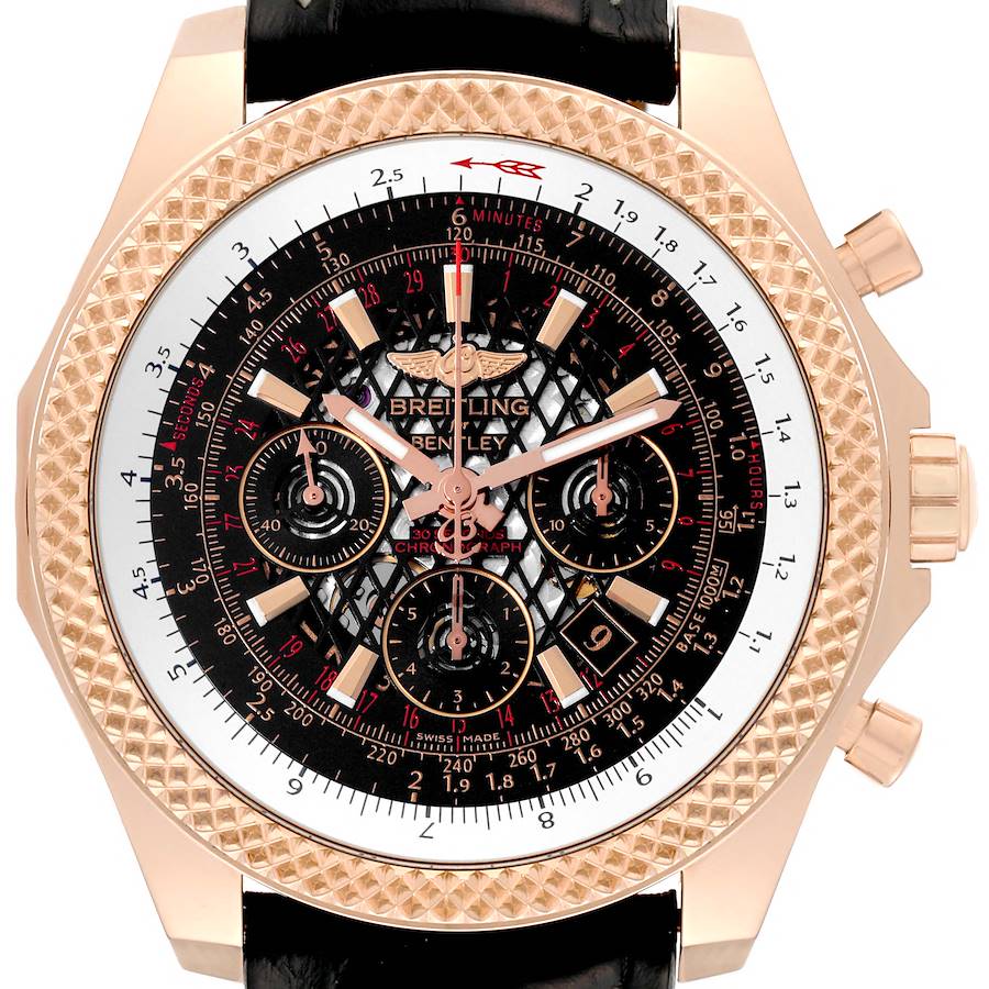 The Bentley model by Breitling is shown from a top view, highlighting its face, bezel, leather strap, and side pushers.